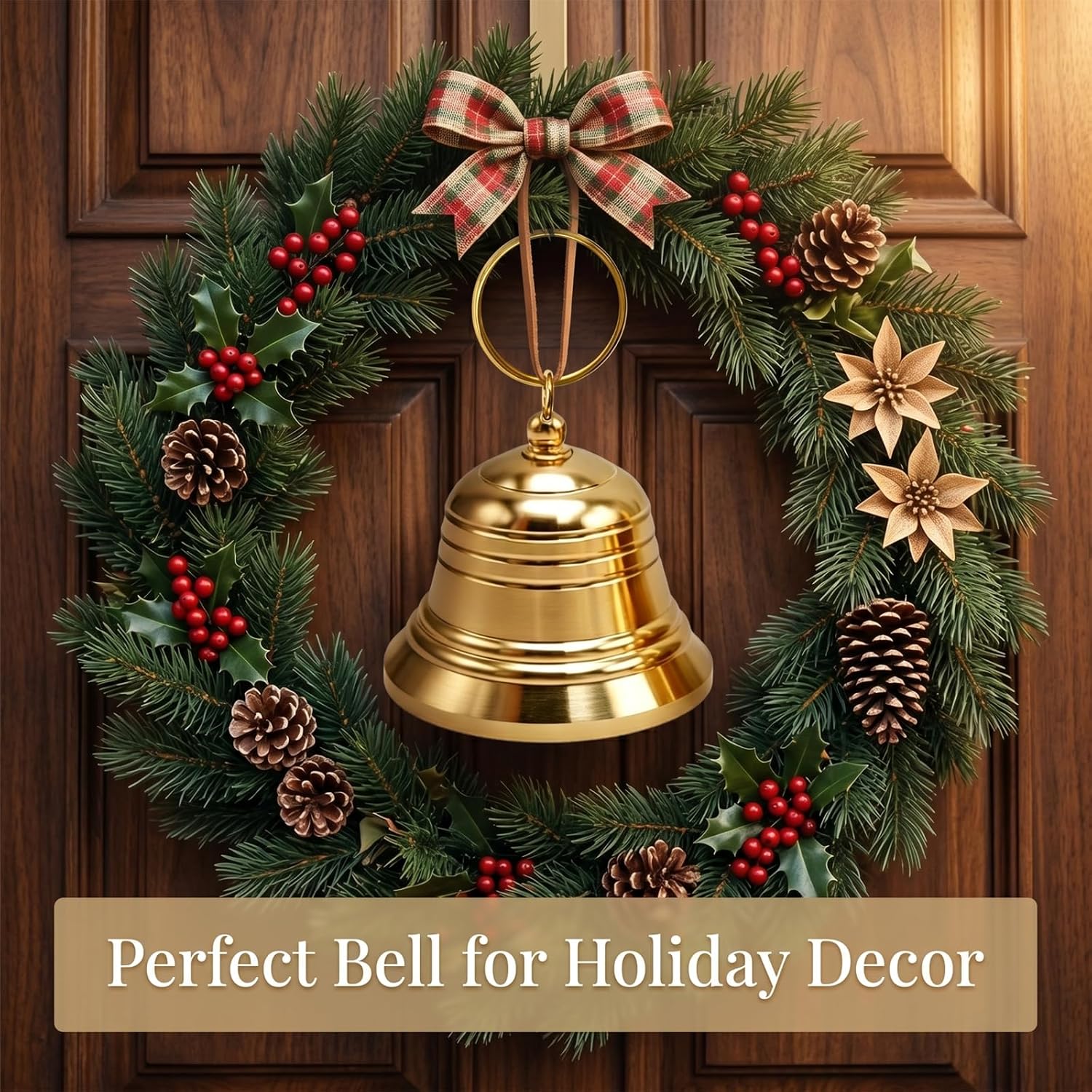 Large Brass Bell for Door Knob, Hanging Jingle Bells on Leather Rope for Door, Vintage Gold Shopkeepers Opening Decorative Bell