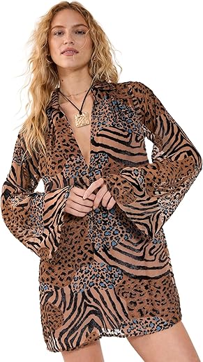 Nasty Gal Mixed Animal Devore Button Down Mini Tunic Dress