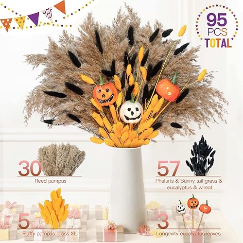 Miniatura 5 de HUMINBO Decoraciones de Halloween para interiores y esponjosas, flores secas de otoño, pompas pequeñas, 92 tallos pompas