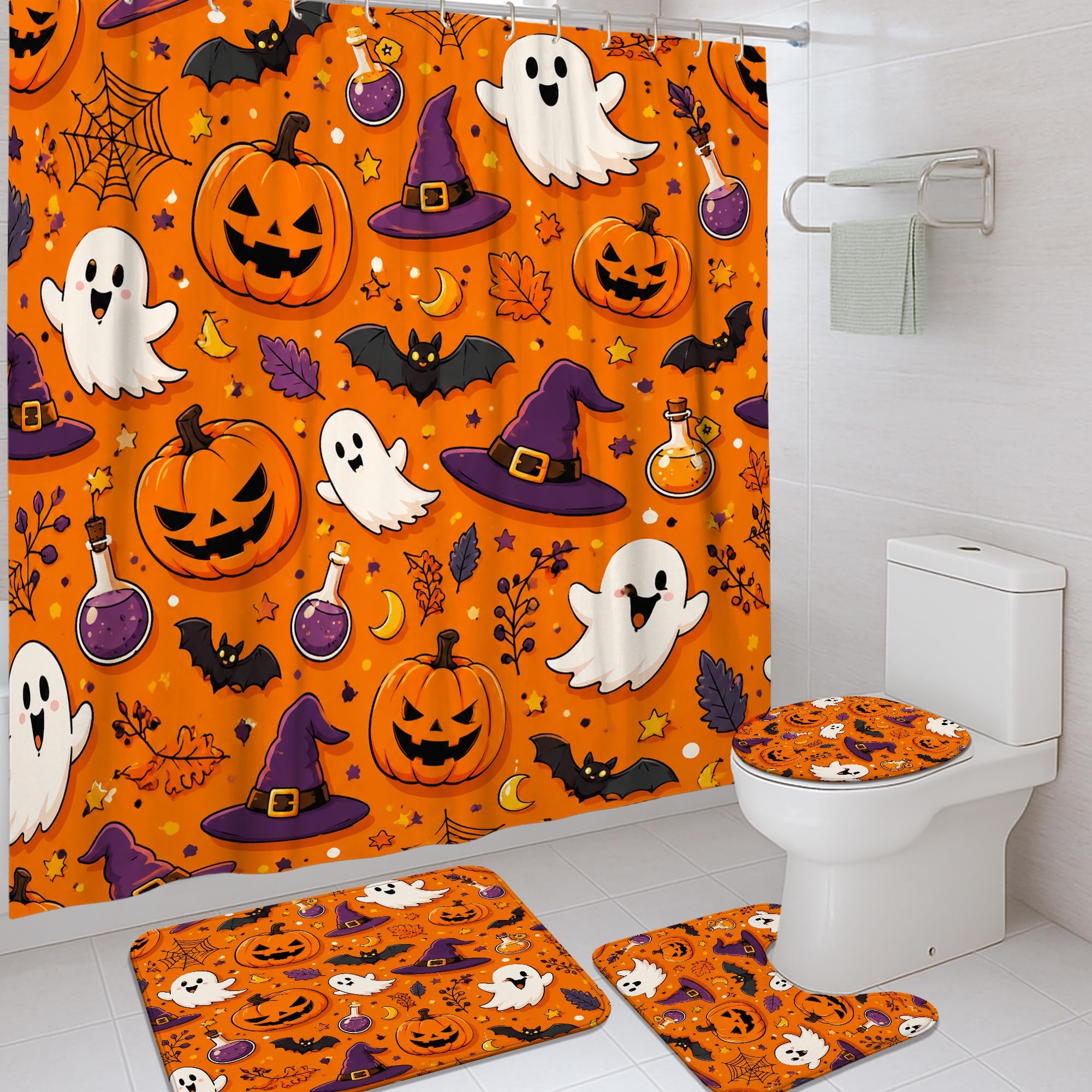 Rideau de douche Halloween orange lavable avec tapis et crochets pour décoration salle de bain