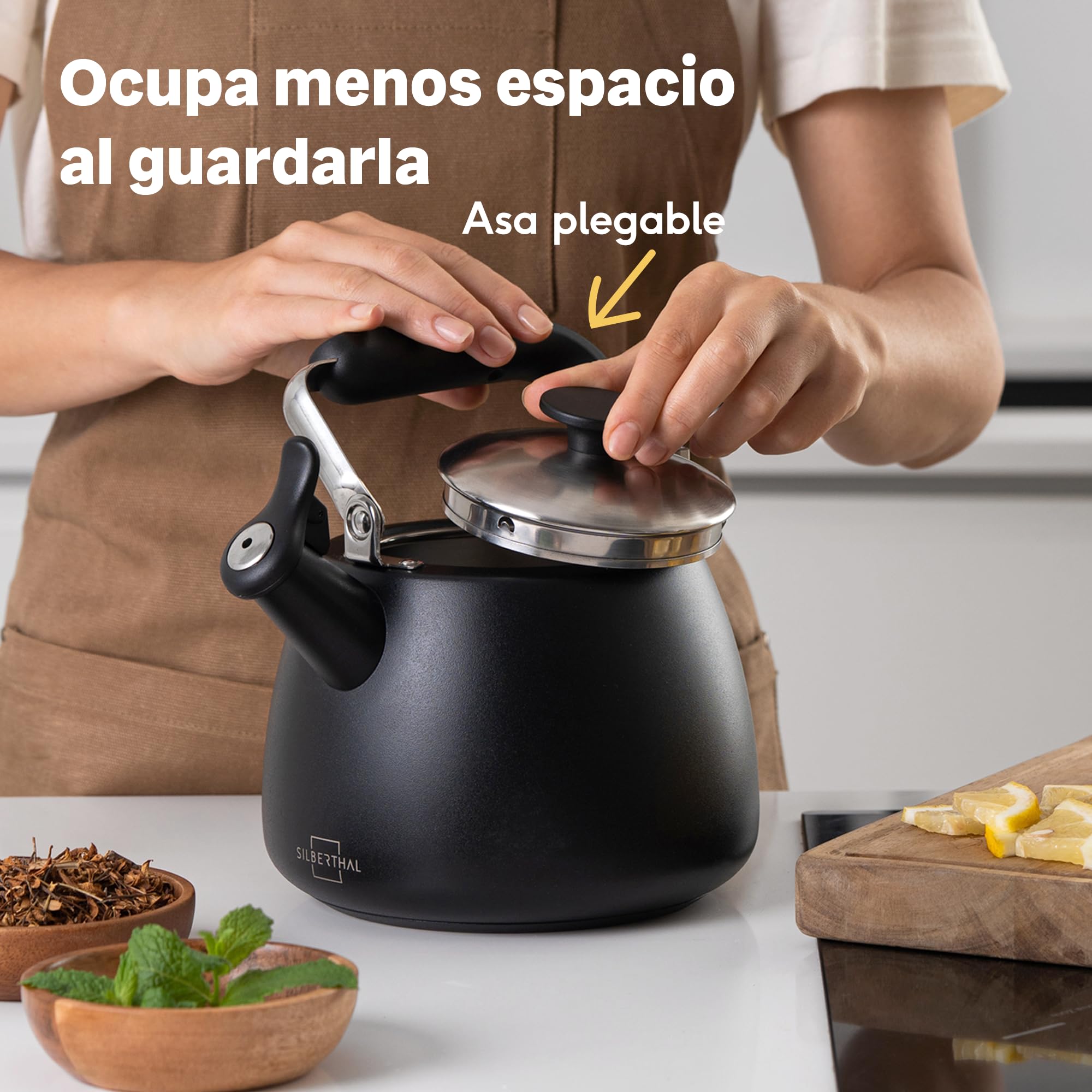 SILBERTHAL Hervidor de agua silbante 2,8l - Acero inoxidable - Tetera con silbato inducción y gas - Negra