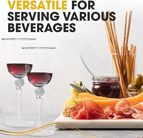 Miniatura 4 de Juego de 6 copas de vino de alta calidad, copa de vino de tallo largo con borde plateado y diseño de diamantes de imitación, 18 onzas