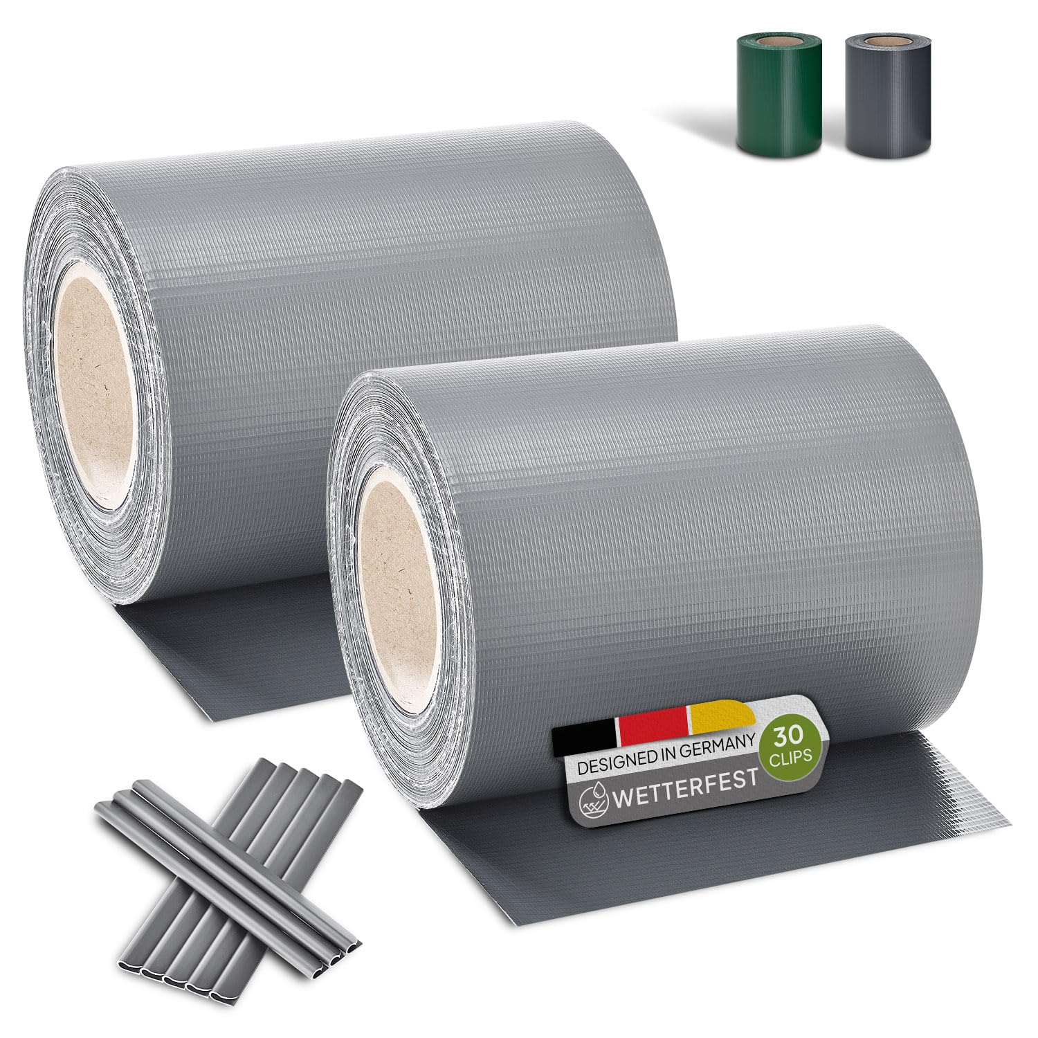 Juskys PVC Sichtschutzstreifen Doppelstabmatten Zaun 2er Set - 2 Rollen á 35m x 19cm - 60 Befestigungsclips - Zaunfolie Sichtschutz Windschutz - hellgrau