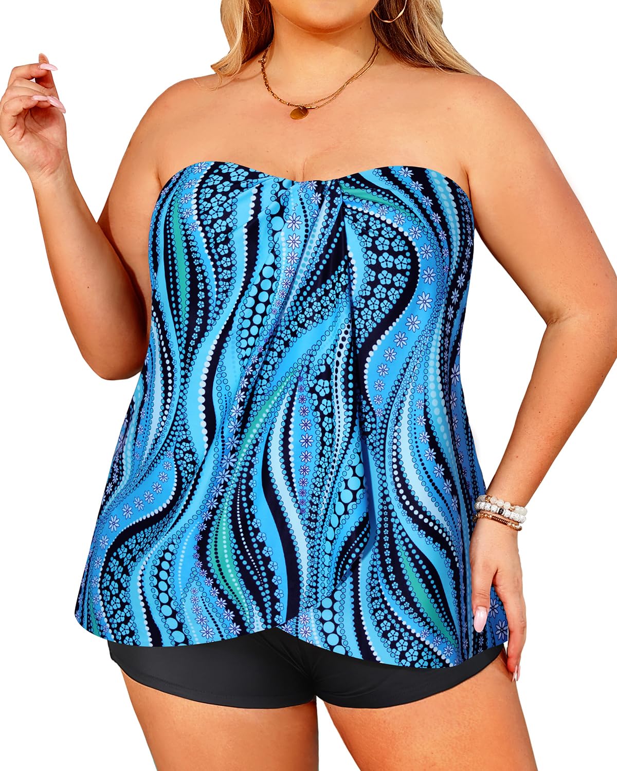 Plus Size Bandeau Tankini 2 Piece Halter Swimsuit with Shorts