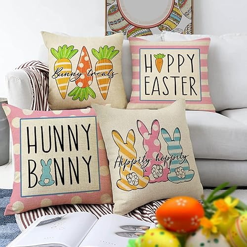 Miniatura 3 de Juego de 4 fundas de almohada decorativas con diseño de conejo de Pascua feliz de 16 x 16 pulgadas, diseño de conejo, hippity hopity, decoración de