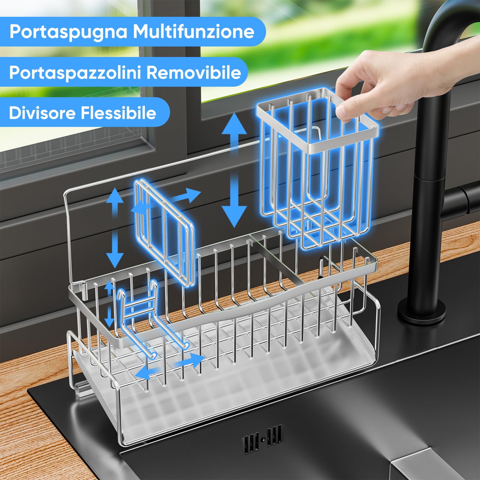 Organizer Cucina Porta Spugna per Lavello Autosvuotante in Acciaio Inossidabile con Portaspazzole Alto Gancio per Spugna Porta Asciugamani e Divisore Organizer per Gadget per Bancone, Argento