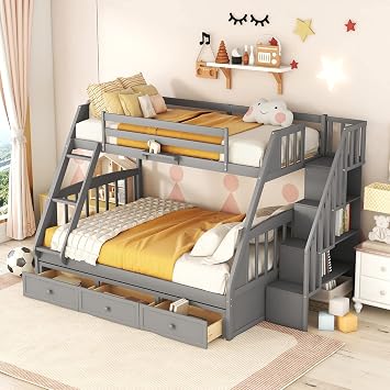 Twin Over Full Convertible Bunk Bed, Wood Bunk Bed with Storage Stairway and Drawers, Space Saving Bed Frame for Kids, Teens, Boys, Girls, Convert into 2 Bed Frame Grey