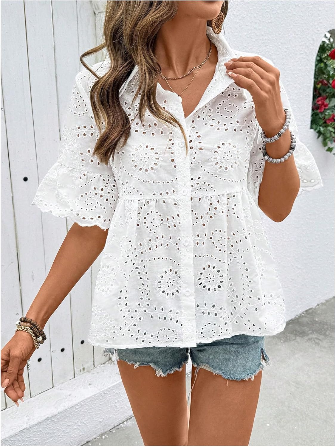 SweatyRocks Women's Summer Boho Ruffle Sleeve Button Down Eyelet Tops Peplum Blouse - Image 3