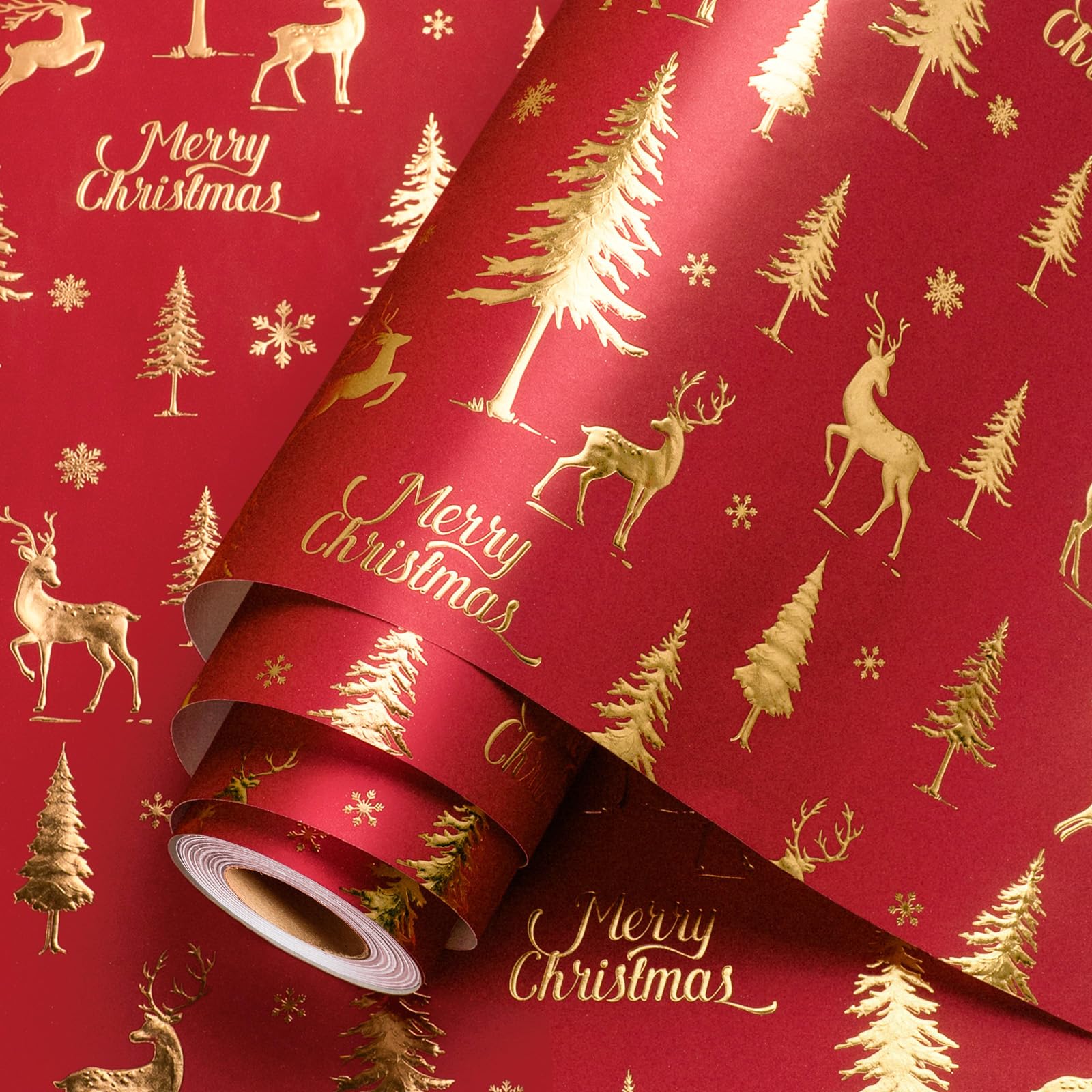 Homeral Christmas Wrapping Paper Roll, 3D Embossed Gold Foil Tree, Reindeer