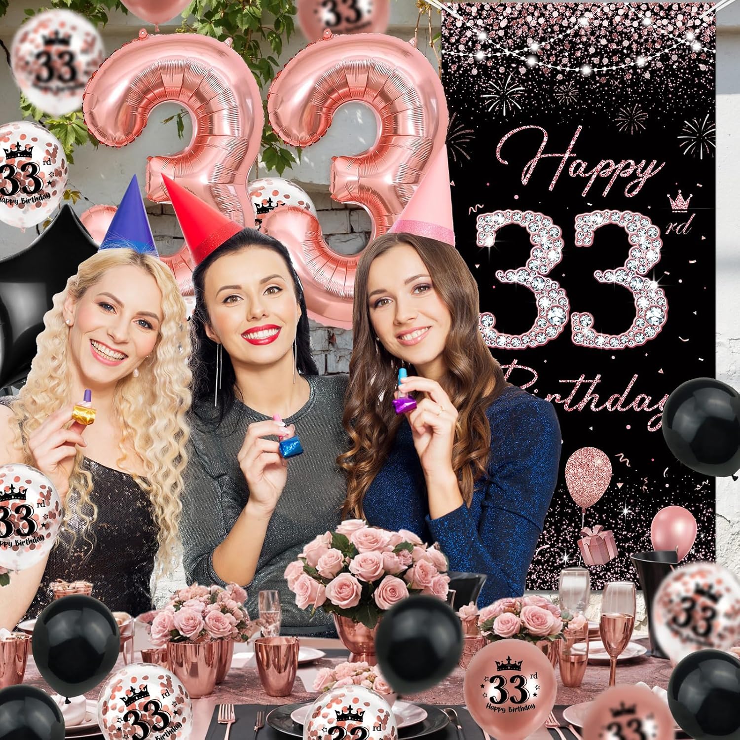 33rd Birthday Decorations for women, TSVATE Rose Gold Happy 33rd Birthday Decorations, Happy 33 rd Banner, Thirty Three Backdrop for Yard Door Wall, 33 Balloons, Pompoms, Star Streamer - Image 4