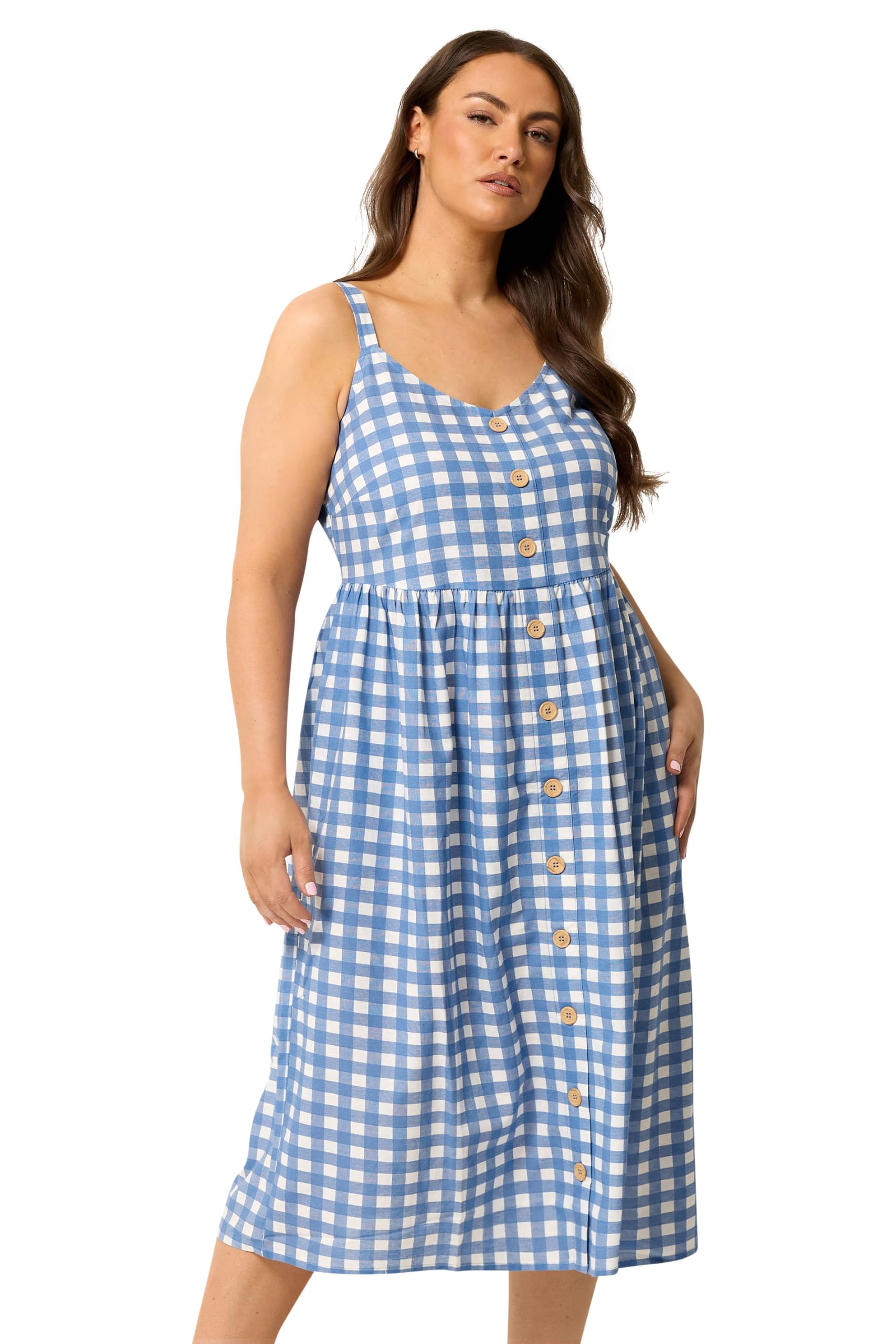 Yours Curve Gingham Linen Dress - Women's - Plus Size Curve Blue