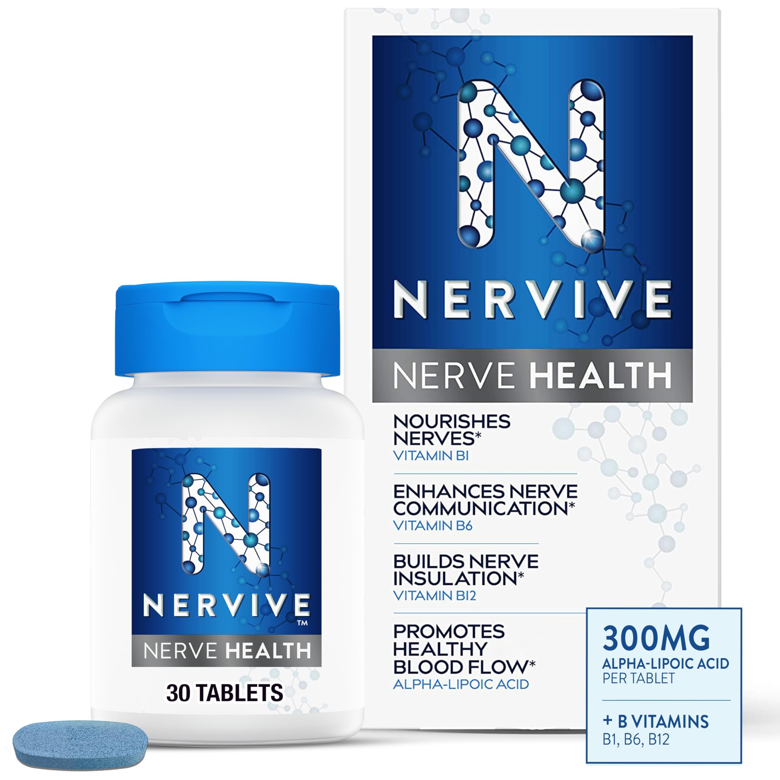 Nervive Nerve Health, with Alpha Lipoic Acid, to Fortify Nerve Health and Function in Fingers, Hands, Toes, & Feet*, ALA, Vitamins B12, B6, & B1, 30 Tablets (Packaging May Vary)