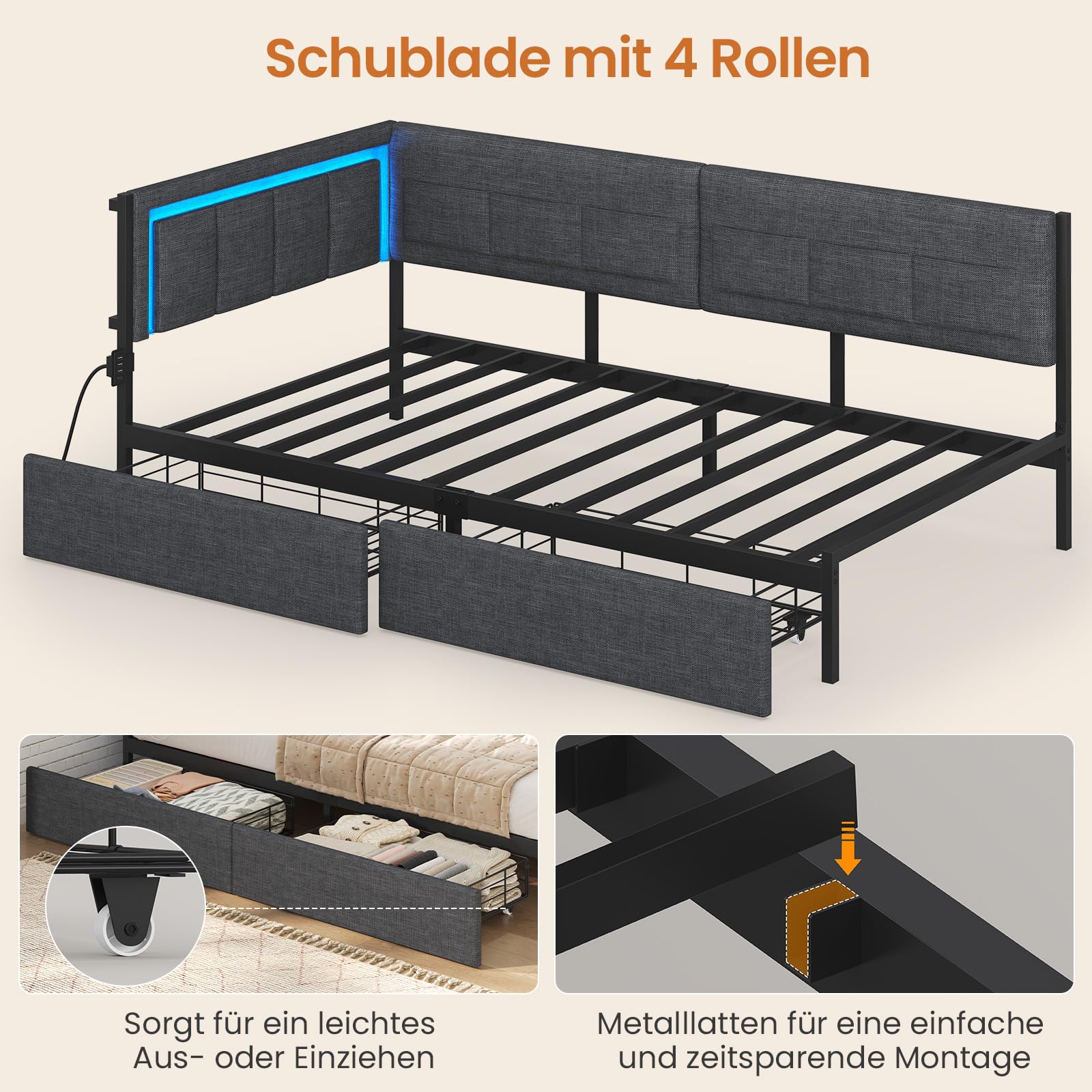 KIMENICH Polsterbett Schlafsofa 90x200 mit LED-Beleuchtung, 6 Stoffbeutel, Ladestation, Tagesbett, Jugendbett mit 2 Schubladen und Lattenrost aus Metall, Gepolstertes Kopfteil, Grau