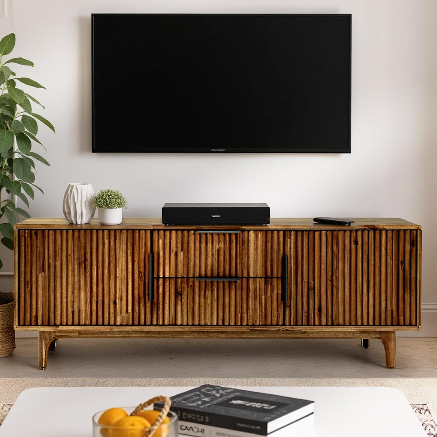 54" Bosk Fluted Acacia Wood TV Stand for TVs up to 60"–Mid-Century Modern Media Console with Storage, Soft-Close Drawers & Doors TV Stands for Living Room, Bedroom, 250 lbs Capacity, Walnut