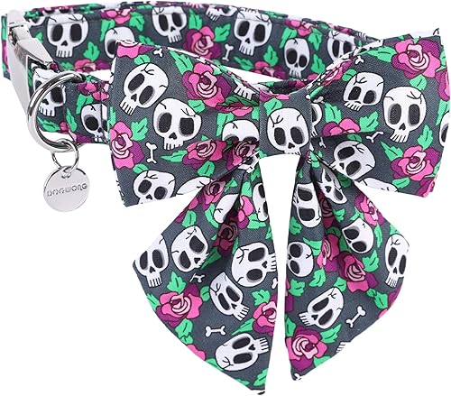 DOGWONG Collar de perro fantasma de Halloween con corbatín de marinero, collar de perro de calavera rosa para Halloween, duradero y suave, collar de