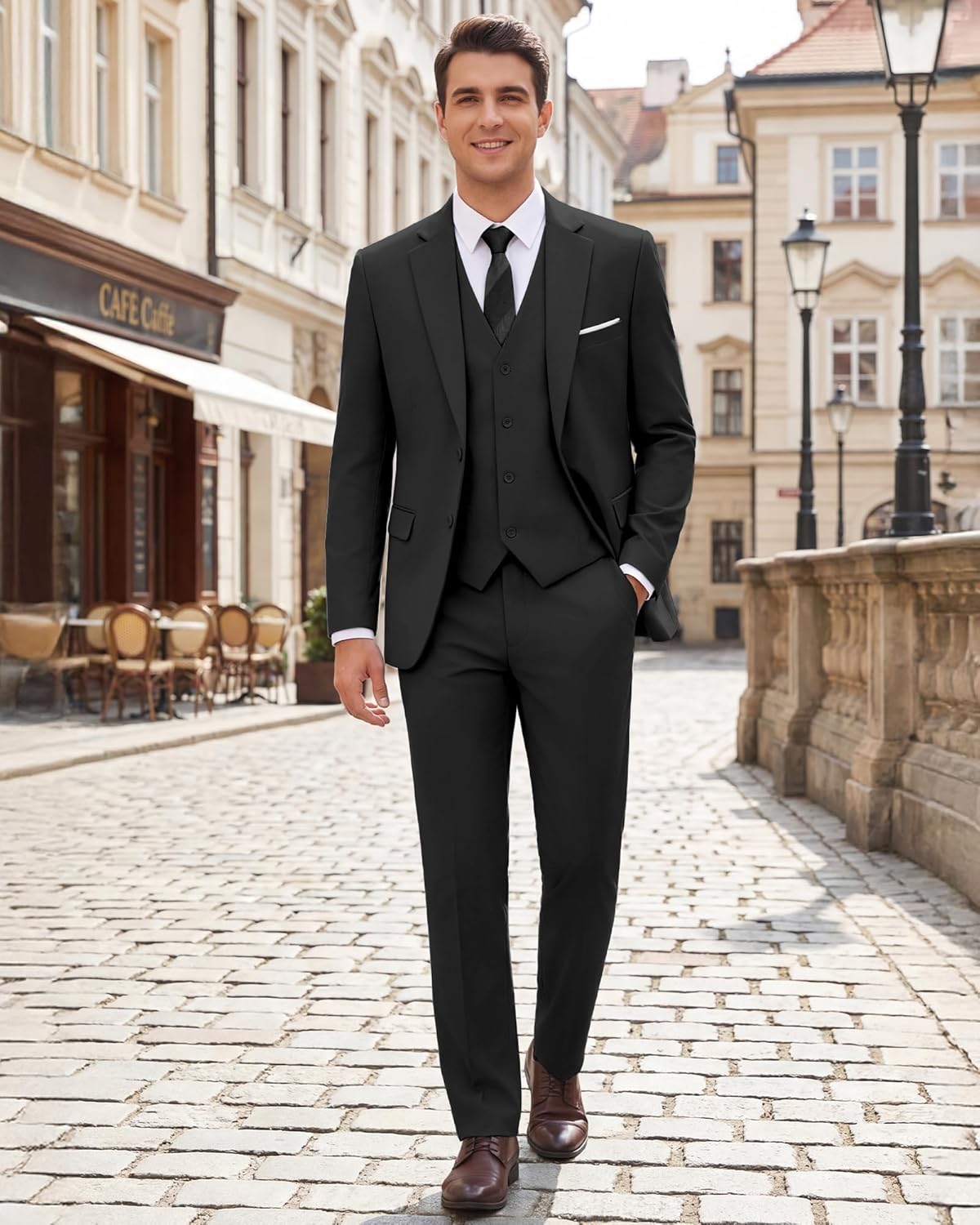 WULFUL Men's Slim Fit 3 Piece Suits Two Button Blazer Vest & Pants Tuxedo Set for Business Wedding Party