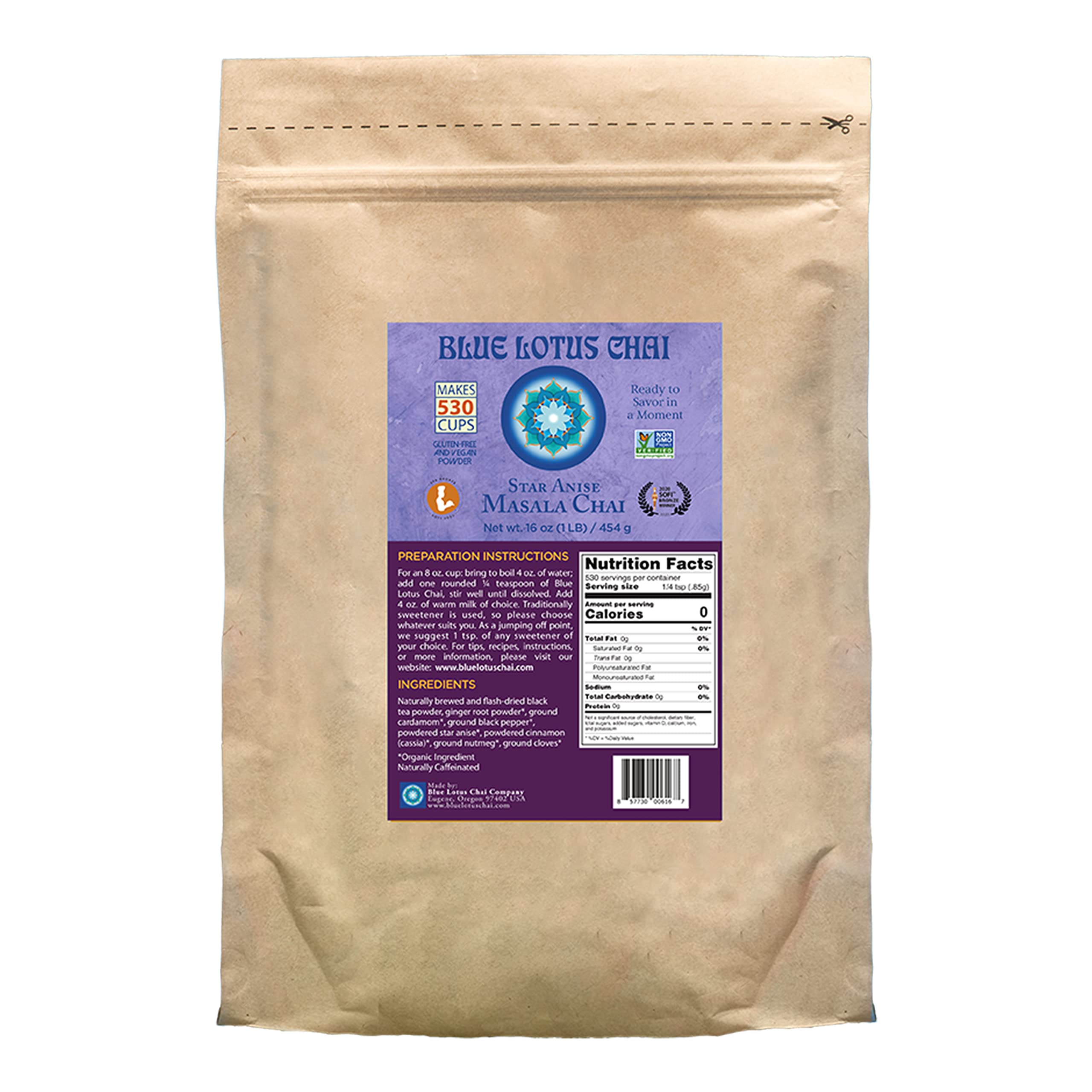 Blue Lotus Chai - Star Anise Masala Chai - Makes 530 Cups - 1 Pound Bulk Bag Masala Spiced Chai Powder with Organic Spices - Instant Indian Tea No Steeping - No Gluten