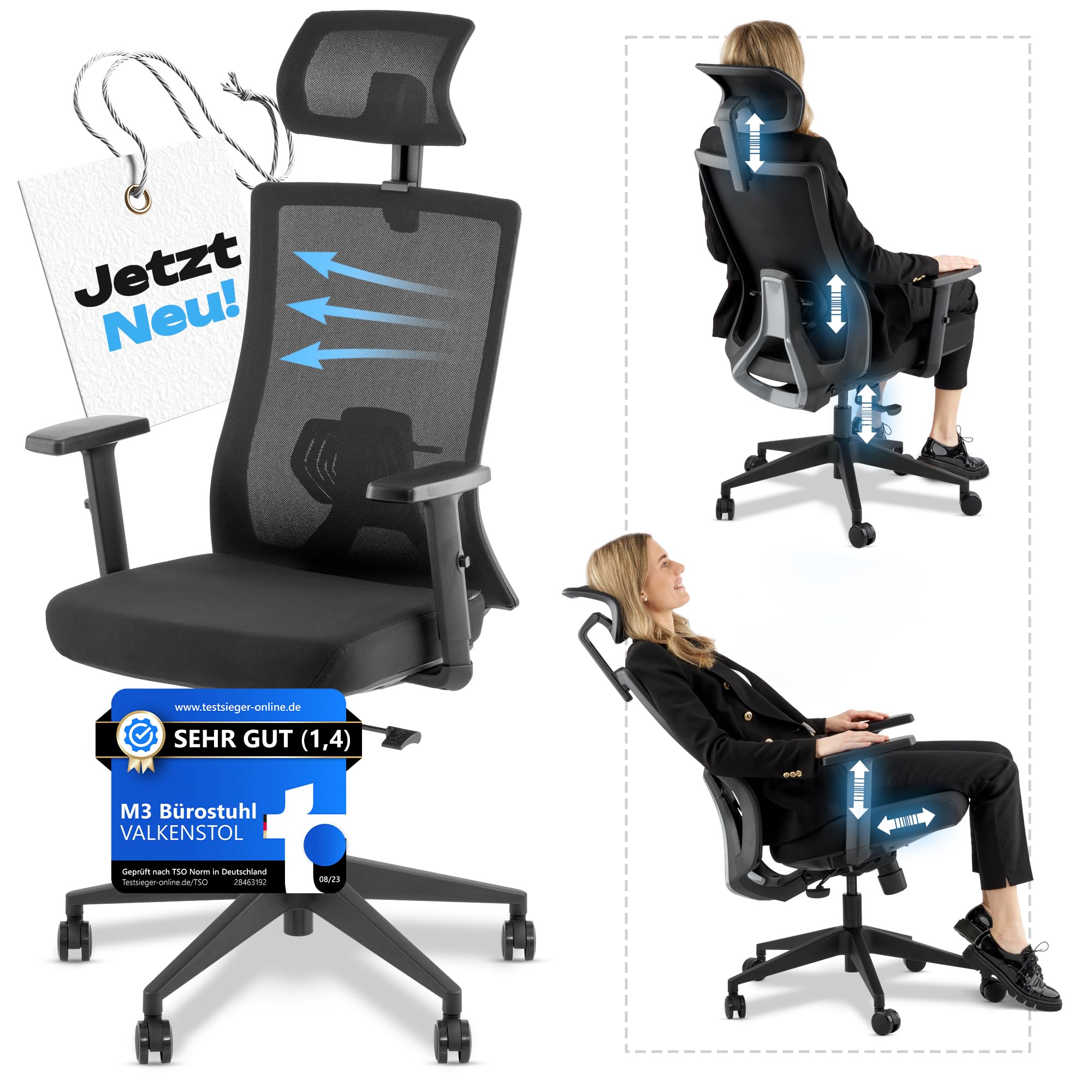 VALKENSTOL M3 Bürostuhl Ergonomisch Testsieger, Einstellbarer für maximale Bewegungsfreiheit, Rückenfreundliche Bürostühle, Lendenwirbelstütze Schreibtischstuhl für Büro und Home Office Chair