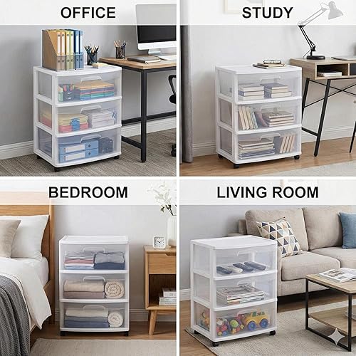 Miniatura 4 de Wide 3-Drawer Cart – White Plastic Mobile Storage Organizer For Home & Office (White)