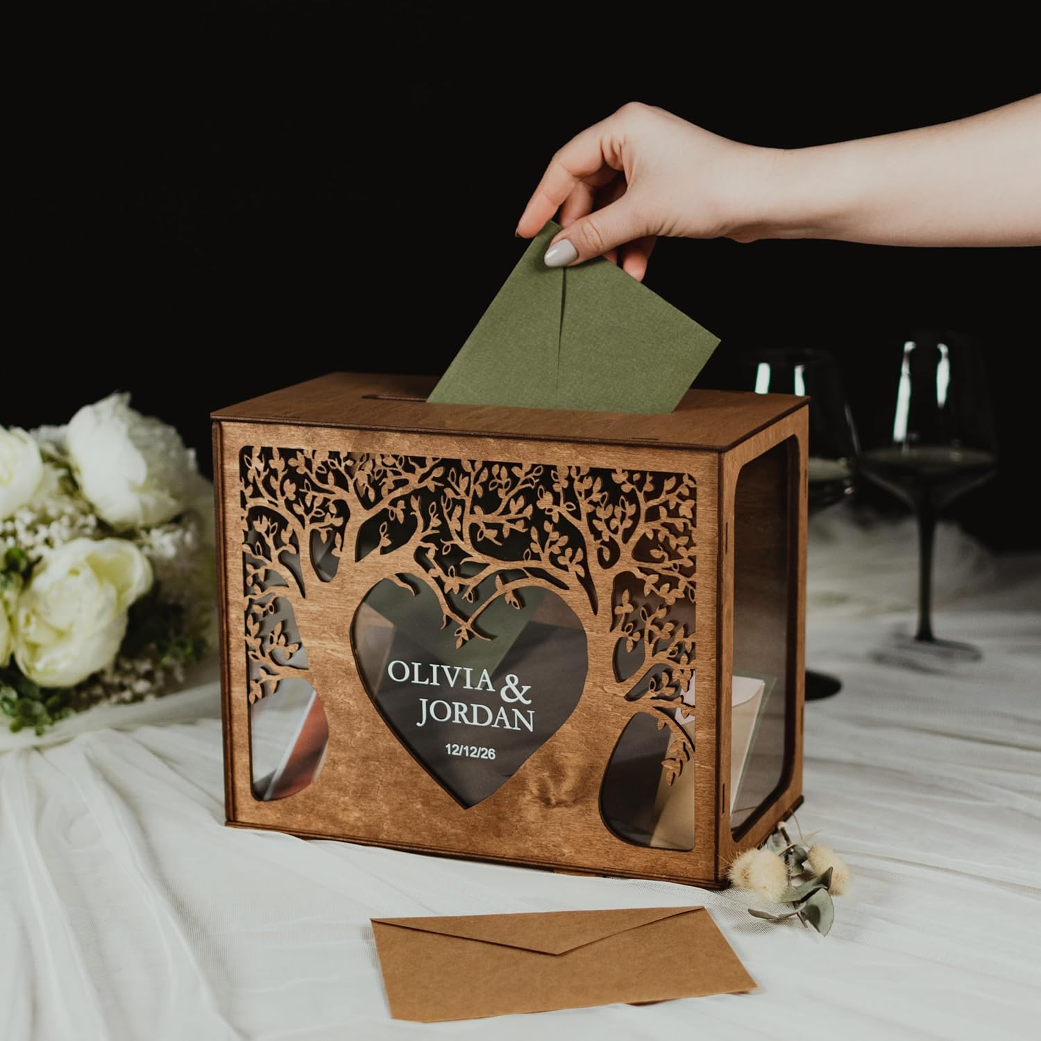 2B1WEDDING Wooden Personalized Wedding Card Box - Customizable Rustic Wedding Box for Cards and Money Elegant with Tree Design - Card Holder for Bridal Shower, Birthday Gift