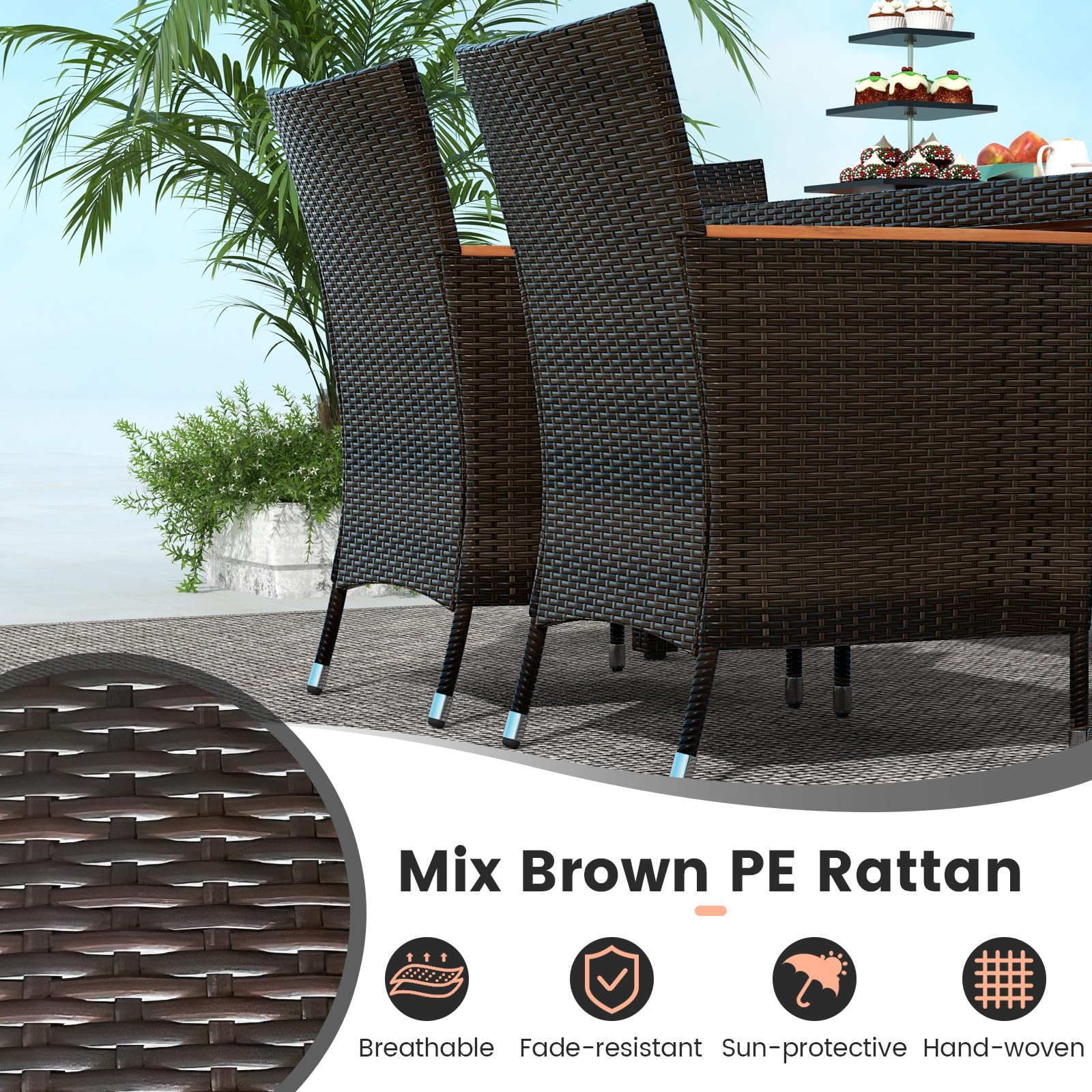 COSTWAY 7PCS/9PCS Garden Rattan Furniture Set, Patio Dining Table and Chairs Set with Acacia Wood Top, Stackable Chairs and Cushions, Outdoor Dining Wicker Conservatory Set for Balcony Lawn (7-Piece) — view 4
