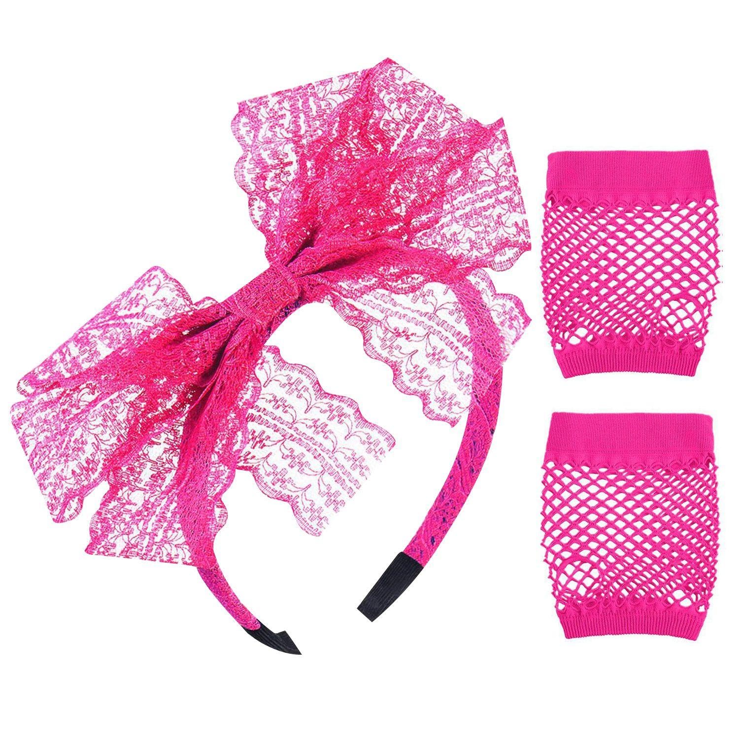 1 Piece Lace Bow Headband & Fishnet Gloves, Neon Hair Accessories for Girls 80s Style, Suitable for Parties & Celebrations