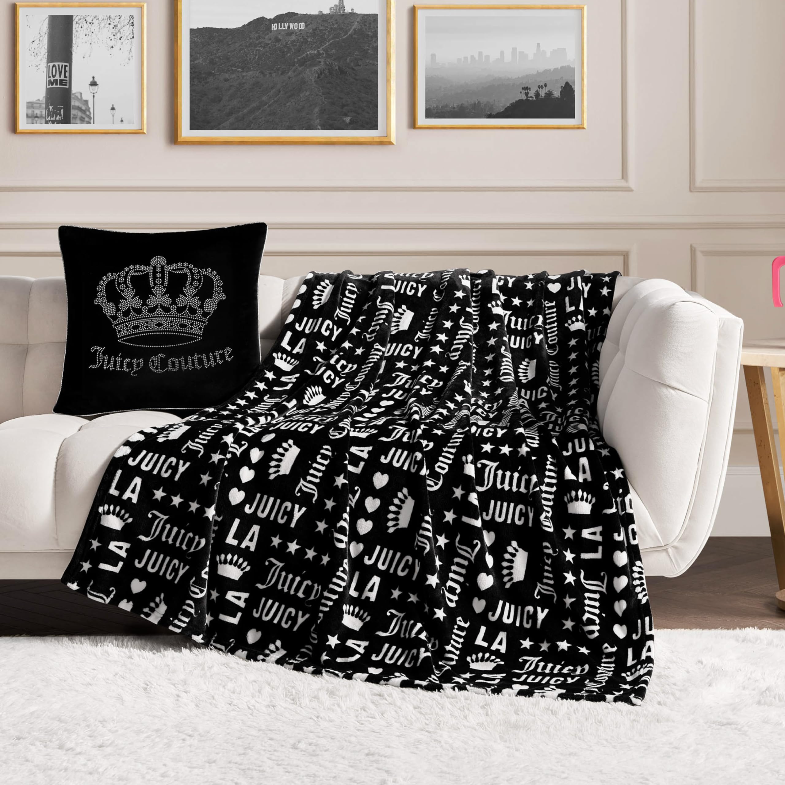 Juicy Couture - Throw Blanket | Crown Royal | Plush and Cozy | Decorative Blankets for Sofas, Chairs and Beds| Luxurious and Soft | Chic Home Decor | Measures 50" x 70" | Black/White