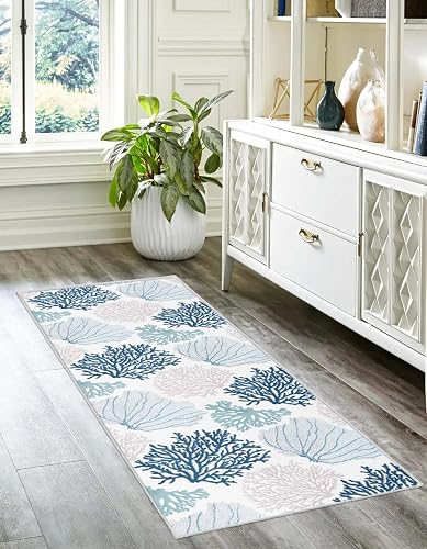 Coastal Runner Rug Beach Hallway Rugs Non-Slip Nautical Coral Machine Washable R