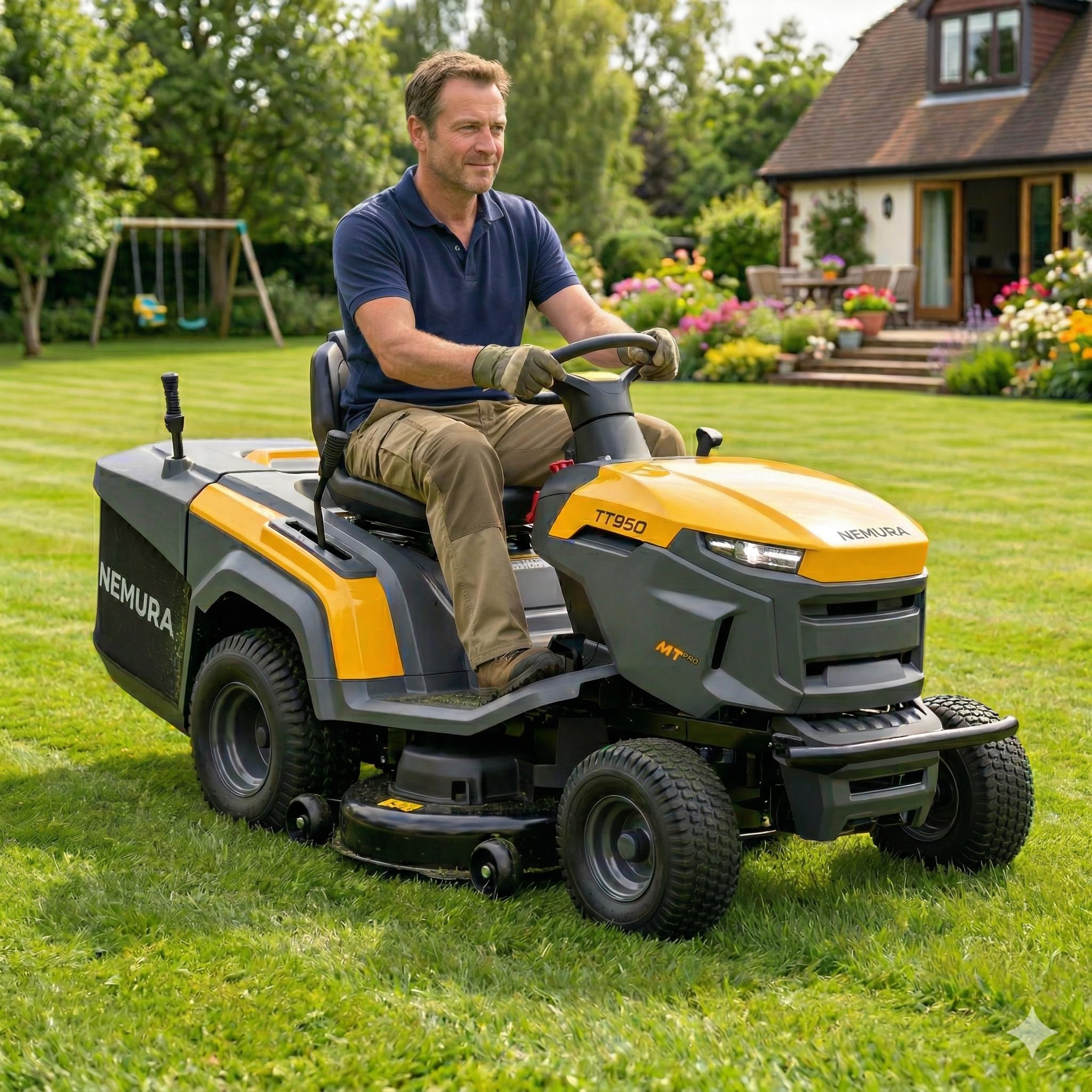 Nemura Tracteur Tondeuse Autoportée 547cc - Coupe 95 cm - Transmission Hydrostatique - Éjection Arrière - Jardin Grande Surface Jusqu’à 15 000 m² - Confort et Performance - Marque Française