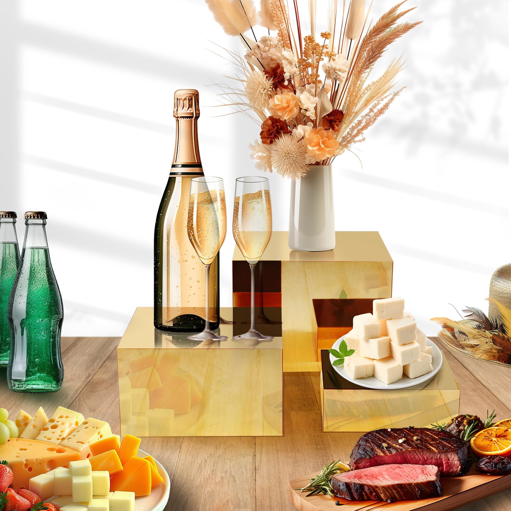 MACIFECI 3 Pcs Gold Buffet Risers - Acrylic Box Rack Nesting Lifter for Food & Dessert Display