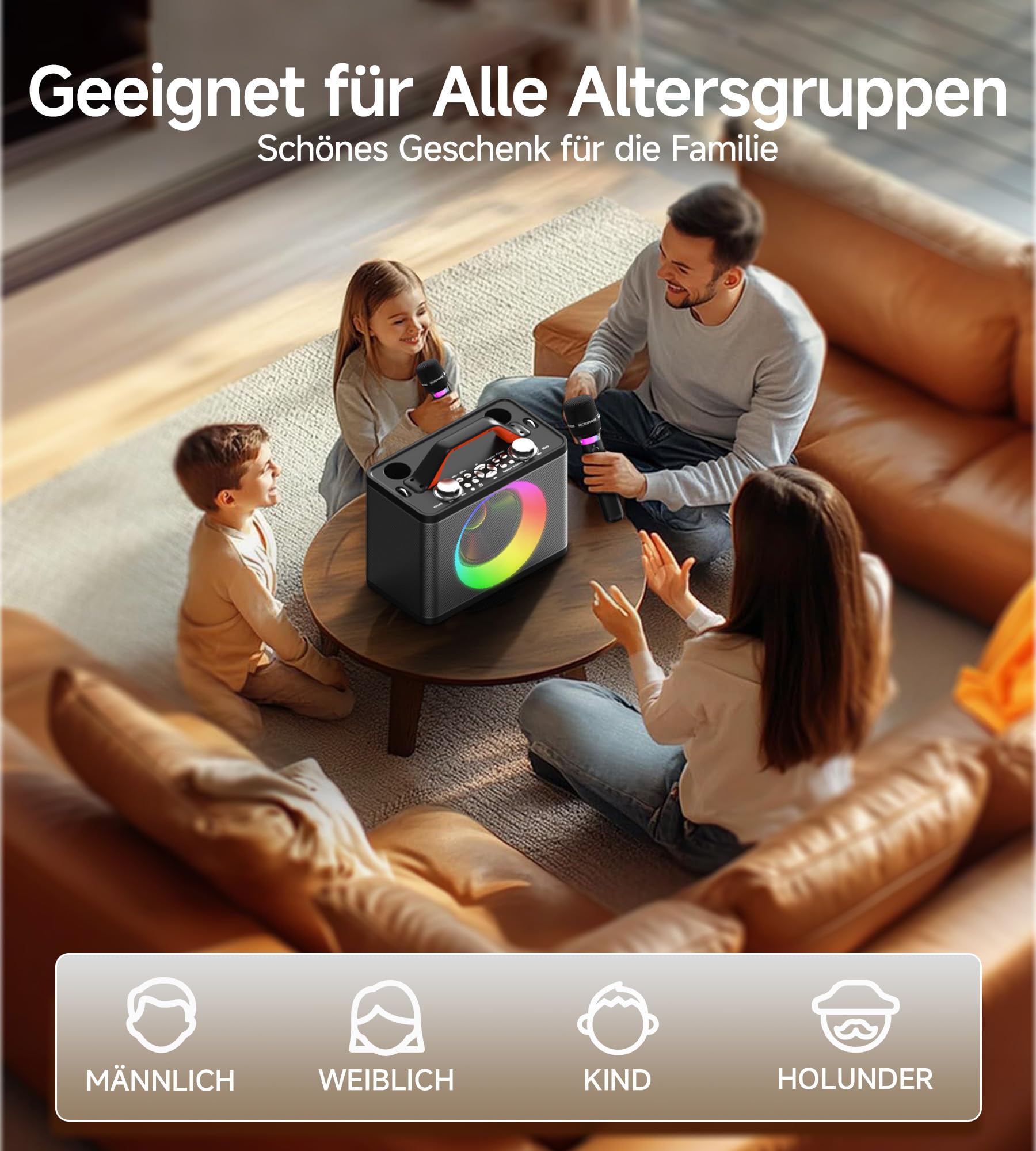 Karaoke Maschine mit 2 Kabellosen RGB-Mikrofonen – 5200 mAh Karaoke mit 10 RGB-Modi, unabhängiges Bedienfeld, 13-Stunden-Wiedergabe, Hi-Fi-Sound, Karaoke unterstützt AUX/USB/TF-Karte/USB/Coax (grau)