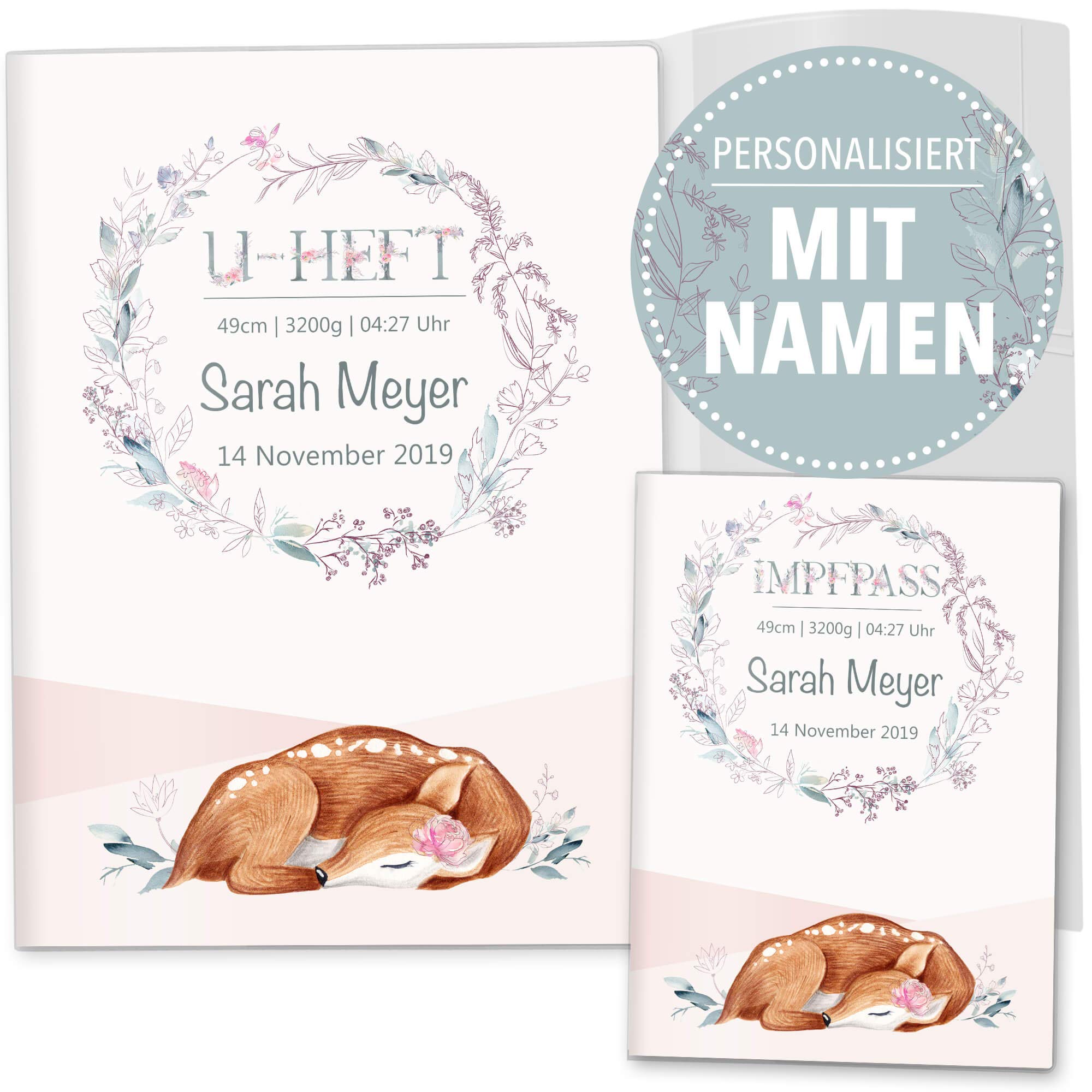OLGS U-Heft- und Impfpasshüllen Set Rehkitz Amanda für Kinder, personalisierbar mit Namen