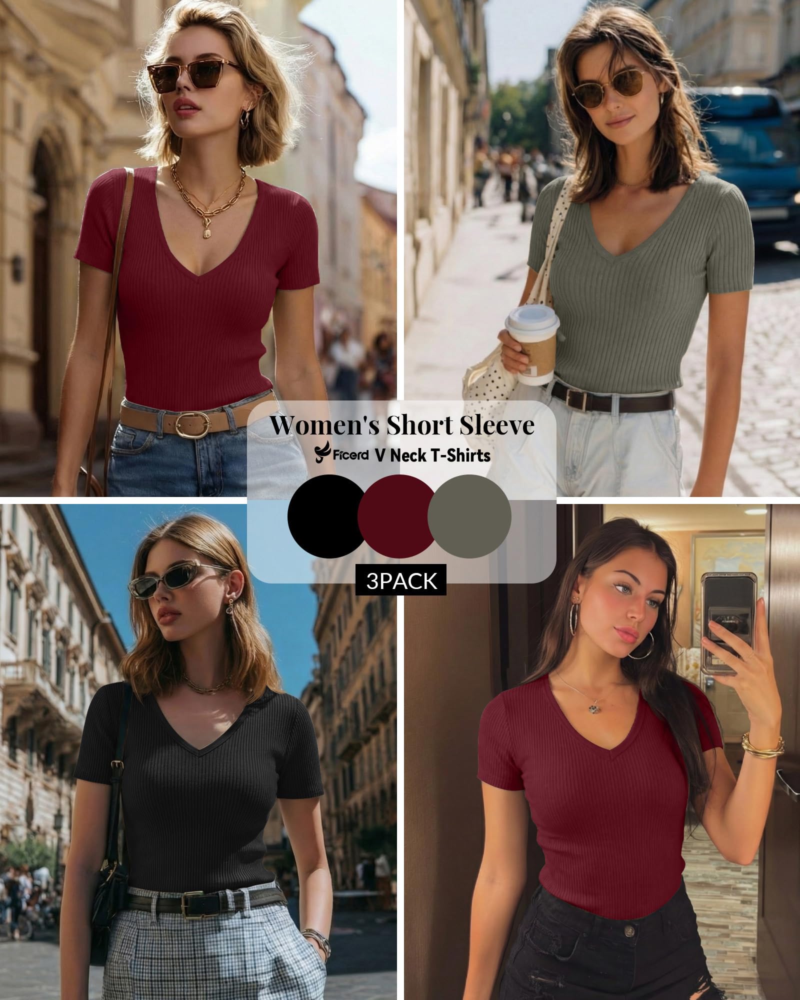 Ficerd Pack de 3 Camisetas de Algodón de Manga Corta para Mujer Cuello en V Acanaladas Corte Ajustado Camiseta Básica