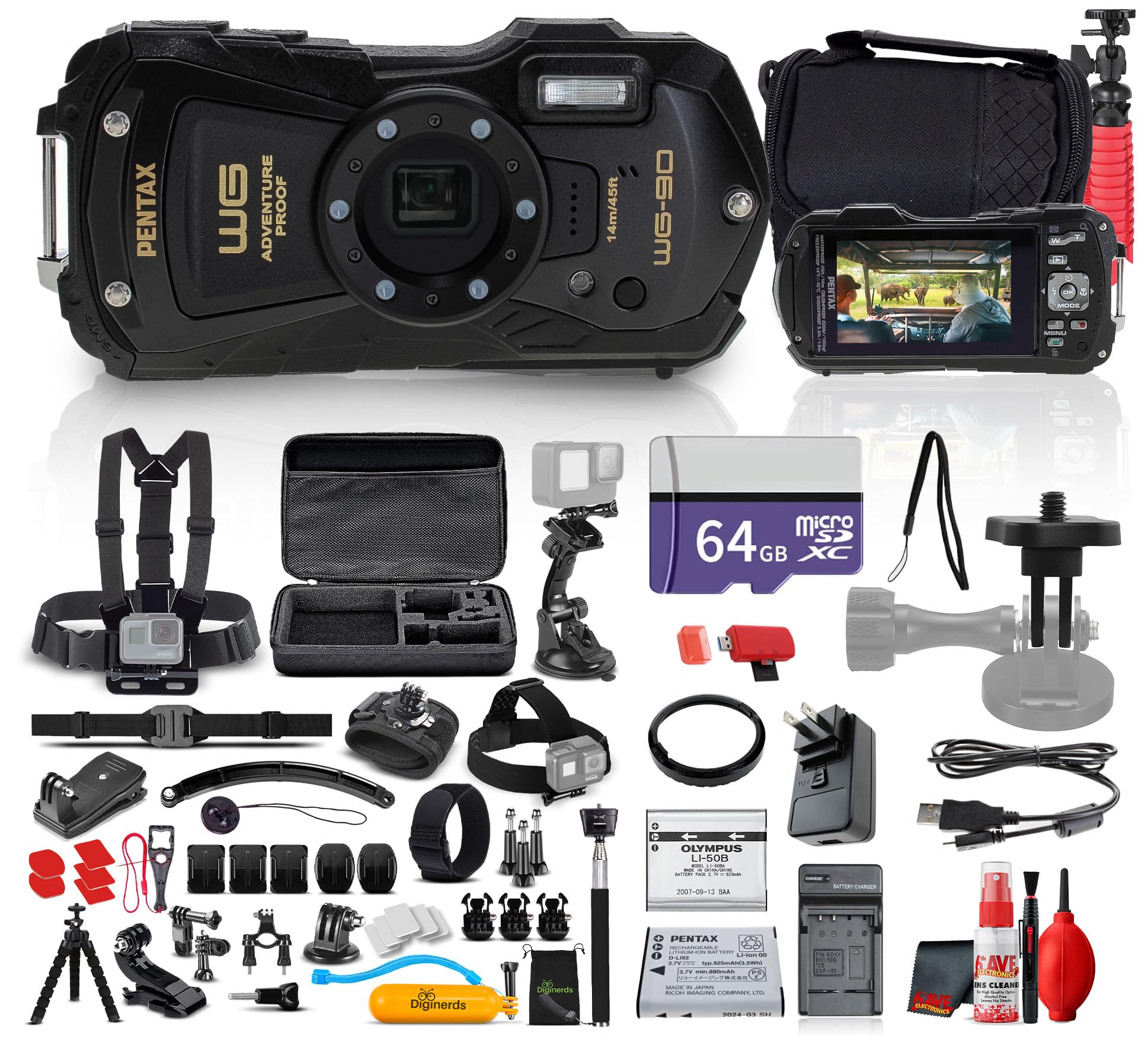 Ricoh Pentax WG-90 Waterproof, Shockproof, Dustproof, Freezeproof, Tough Digital Camera (Black) + 50-in-1 Action Accessory Kit + 64GB Memory Card + Camera Bag + Flexible Tripod + Cleaning Kit + More