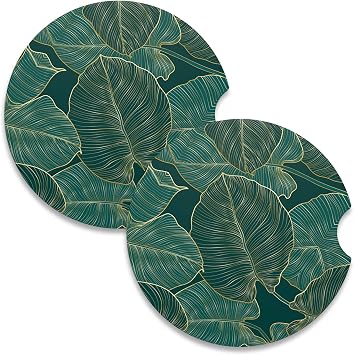 Nipichsha Car Coasters for Cup Holders, 2 Pack Absorbent Ceramic Car Cup Holder Coaster for Drinks, Cute Auto Assecories for Women, Universal Size 2.56 in with Finger Notch & Cork Base, Tropical Leaf