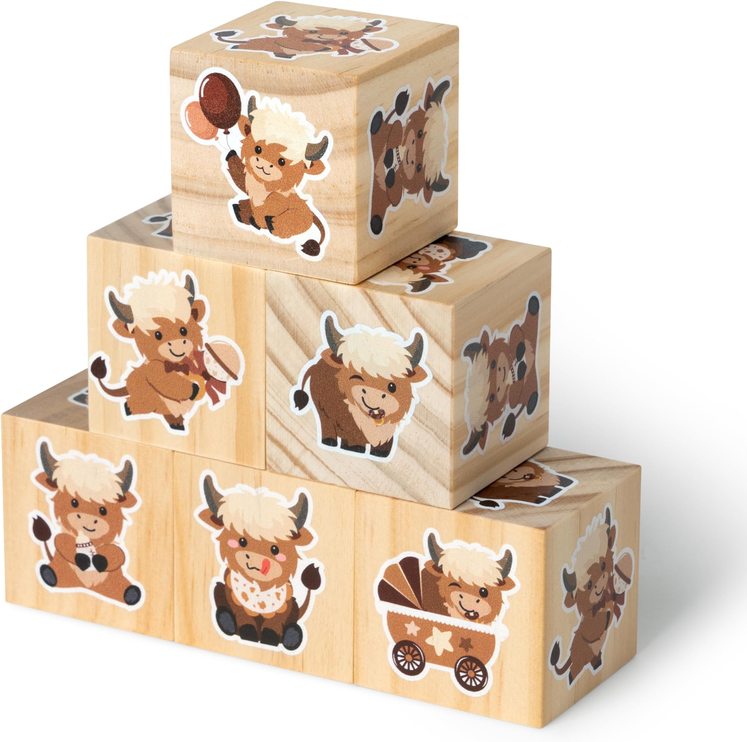 R HORSE 6Pcs Highland Cow Baby Wooden Decoration, Animal Themed Wood Blocks for Boys Girls Baby Shower Table Centerpieces, Watercolor Shelf Decor for Nursery Bedroom Playroom