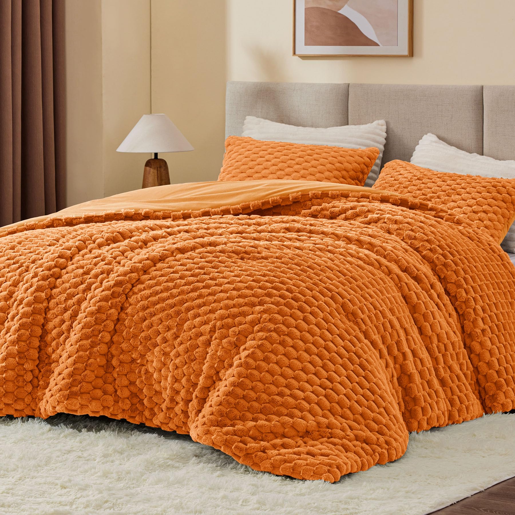 BEDELITE Fluffy Full Comforter Set, Burnt Orange Fleece Bed Set 3 Pieces | Soft &amp; Warm, Luxury Fuzzy Bedding for All Season, Cozy Room Decor Aesthetic, 1 Marshmallow Comforter with 2 Pillowcases
