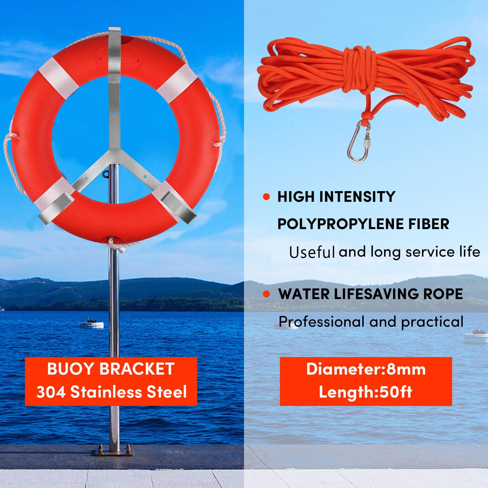 Rettungsring, Sicherheits-Wurfringe, Ringboje mit reflektierendem Band und Halteseilen, orangefarbener Rettungsring für Boote, inklusive schwimmendem lebensrettendem Seil