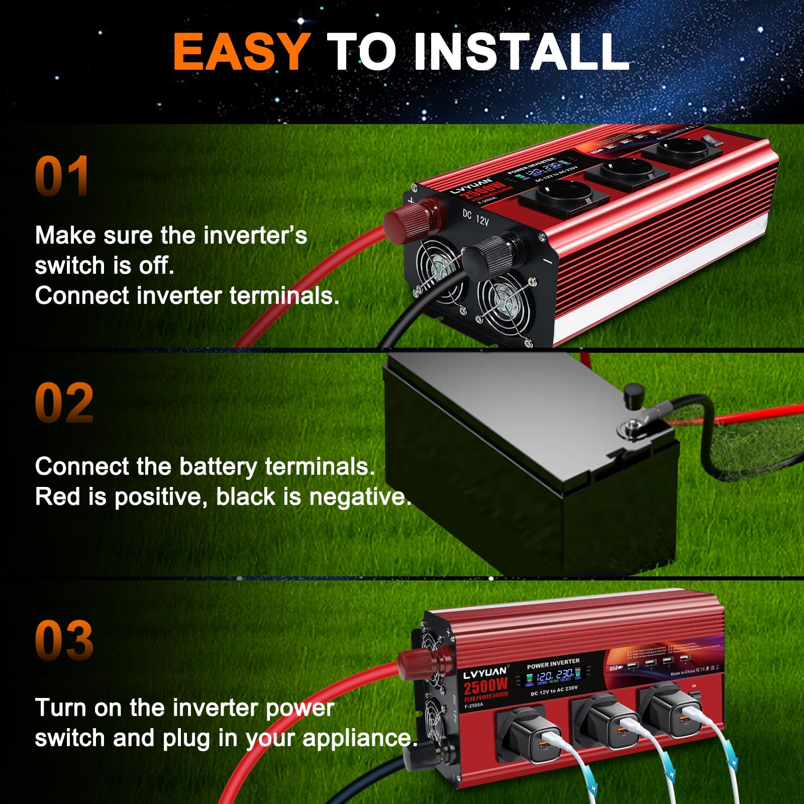 LVYUAN 2500W/5000W Wechselrichter DC 12V auf 230V AC Spannungswandler Konverter mit Fernbedienung, LCD, 4 USB Ports, 3 AC Steckdose für Outdoor, Notstromausfall
