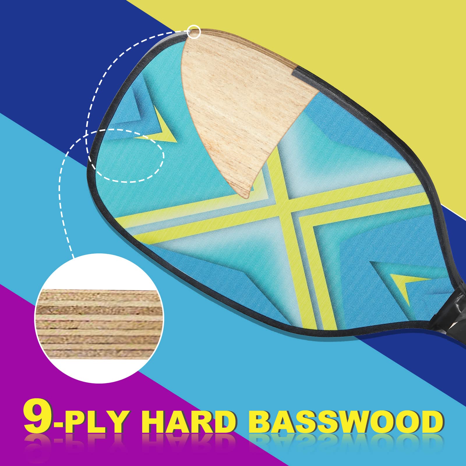 PATIKIL Pickleball Pagaie Set con 4 Premium Legno Pickleball Racchette con Cuscino Impugnatura, 4 Pickleball Palle, 4 Raffreddamento Asciugamani e Borsa Per Uomini Donne