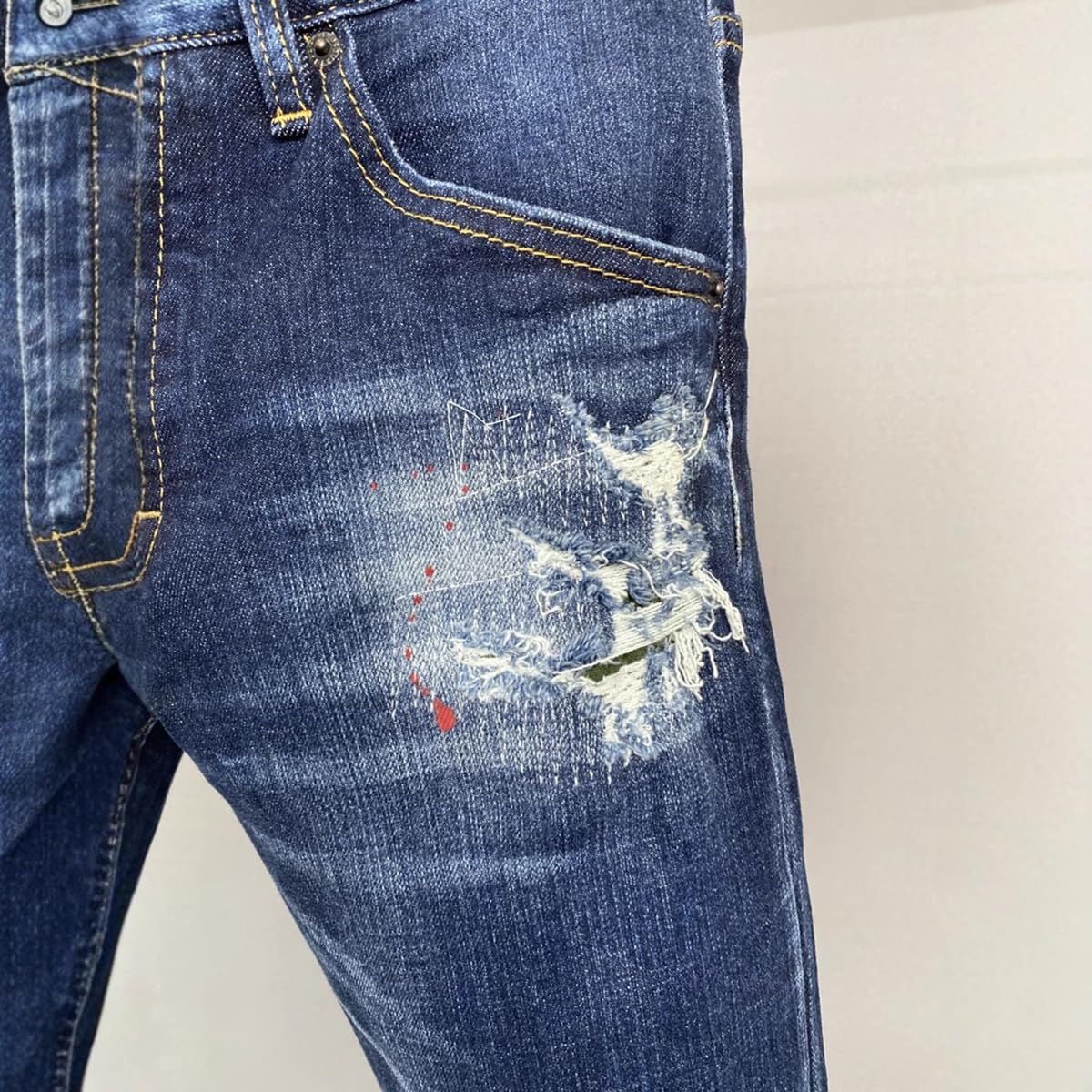 M&Catree Męskie podarte dżinsy Streetwear spodnie dżinsowe z prostymi nogawkami na co dzień z plamami atramentu i otworami