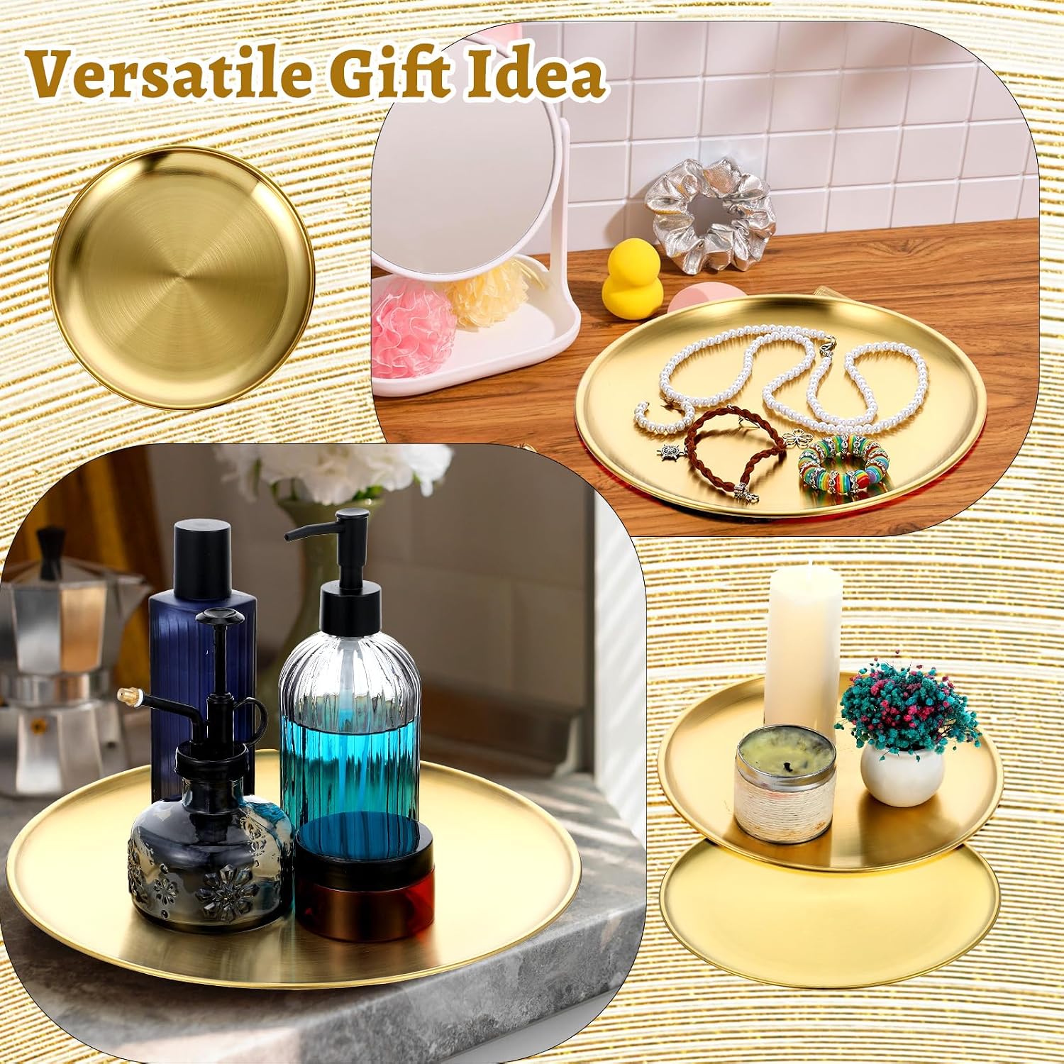 6 Pack Gold Tray Decorative Serving Decorative Gold Jewelry Bar Jewelry Dish Key Bowl Mirror Dresser Vanity Tray Makeup Organizer for Bathroom Candle Perfume Countertop(12 Inch)