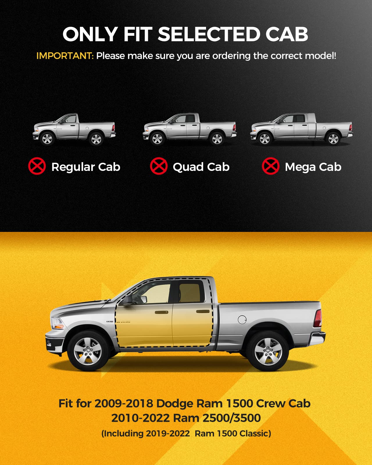 KYX Running Boards Compatible with 2009-2018 Ram 1500 Crew Cab 2010-2022 Ram 2500/3500 (Including 2019-2023 Classic), Drop Side Steps Nerf Bars Truck Boards Step Rail