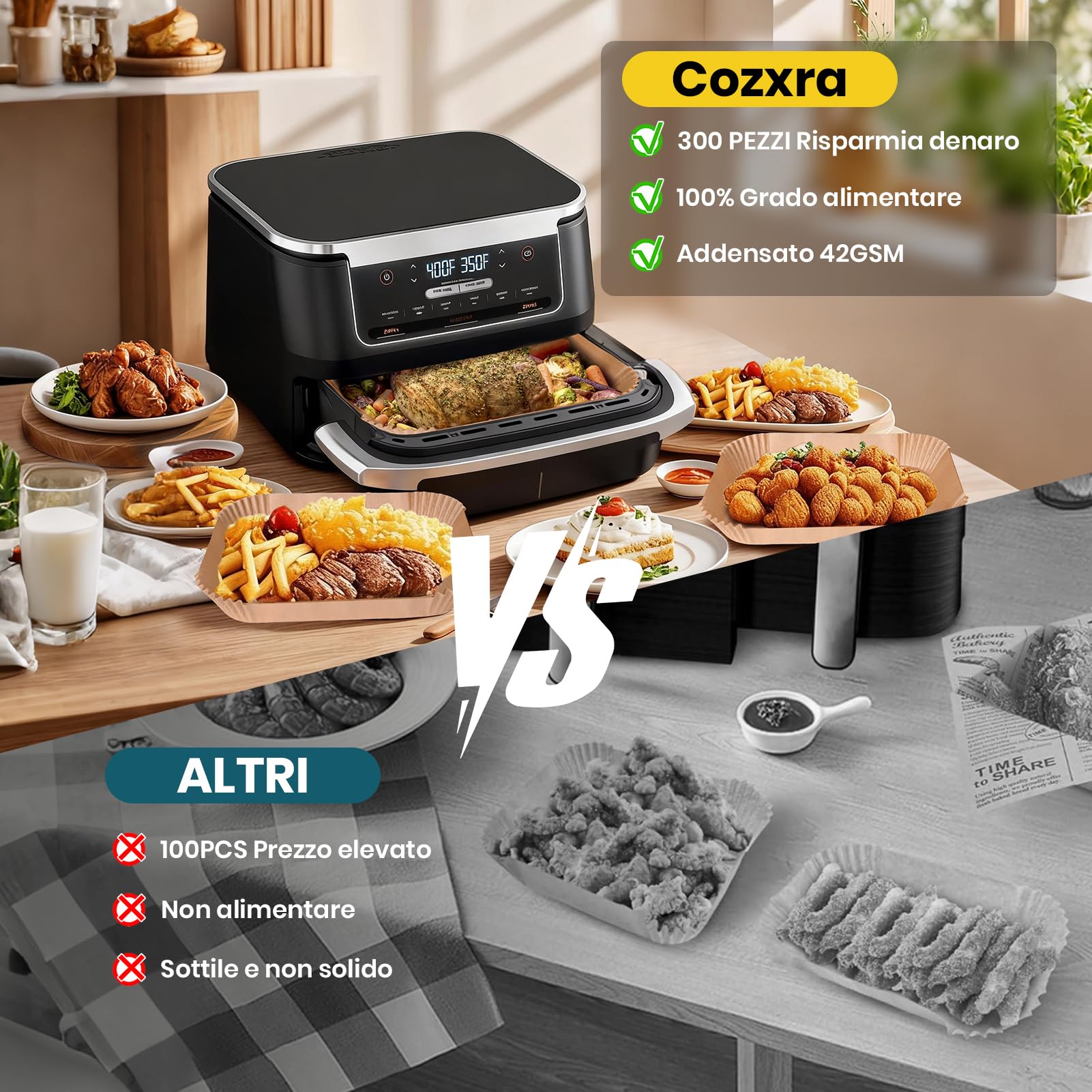 300 Pezzi Carta Forno Friggitrice ad Aria per Ninja Foodi Flexdrawer 10,4L, Accessori per Ninja Foodi AF500EU AF500EUCP Airfryer, Carta da Forno Airfryer per Cosori Dual Blaze TwinFry 10L/ Cecotec 9L