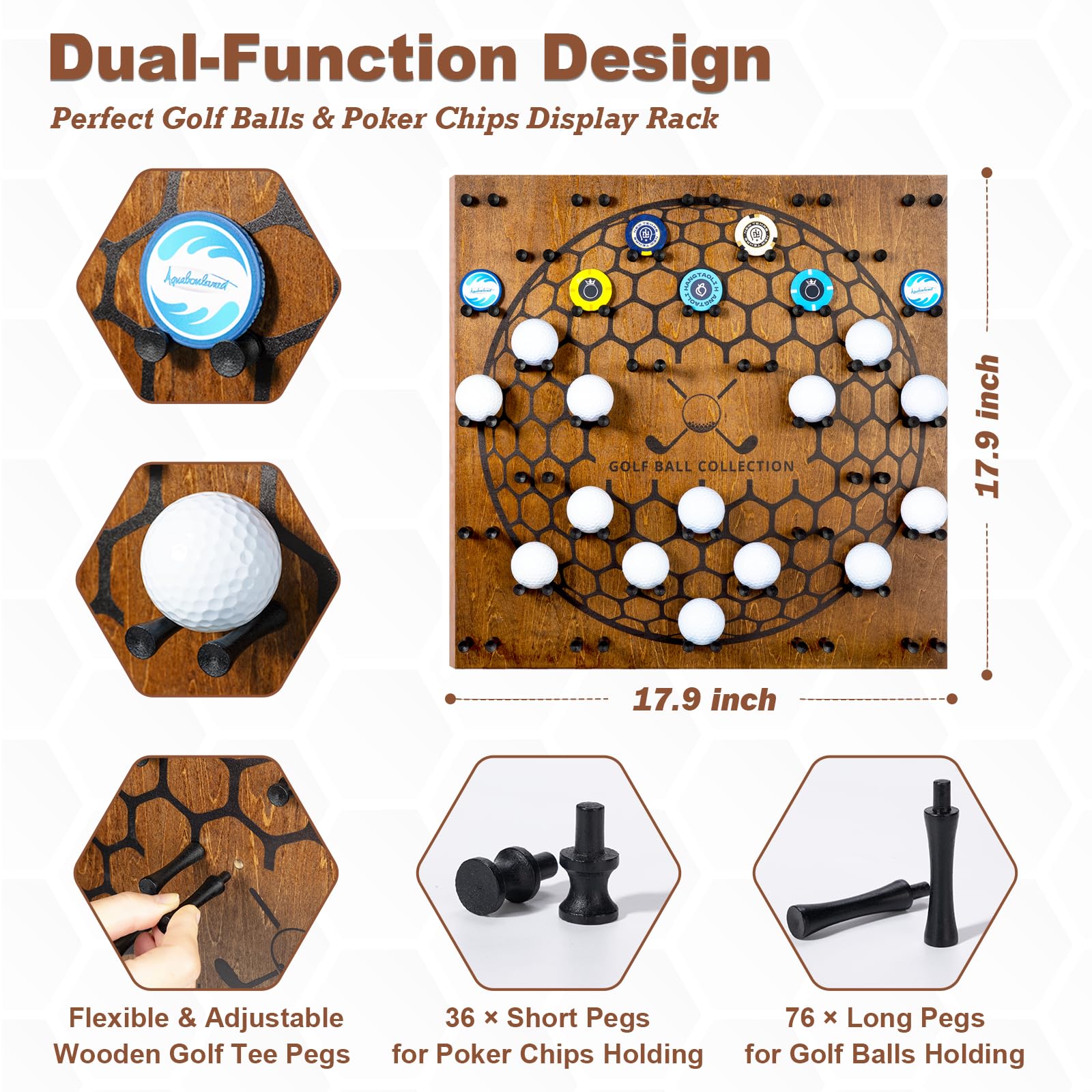 38 Golf Ball Display Case Wall Mount - Golf Accessories for Men, Cool Unique Gifts for Golfer Men Women, Memorabilia Stand Poker Chip Holder, Wood Board and Tee, Brown