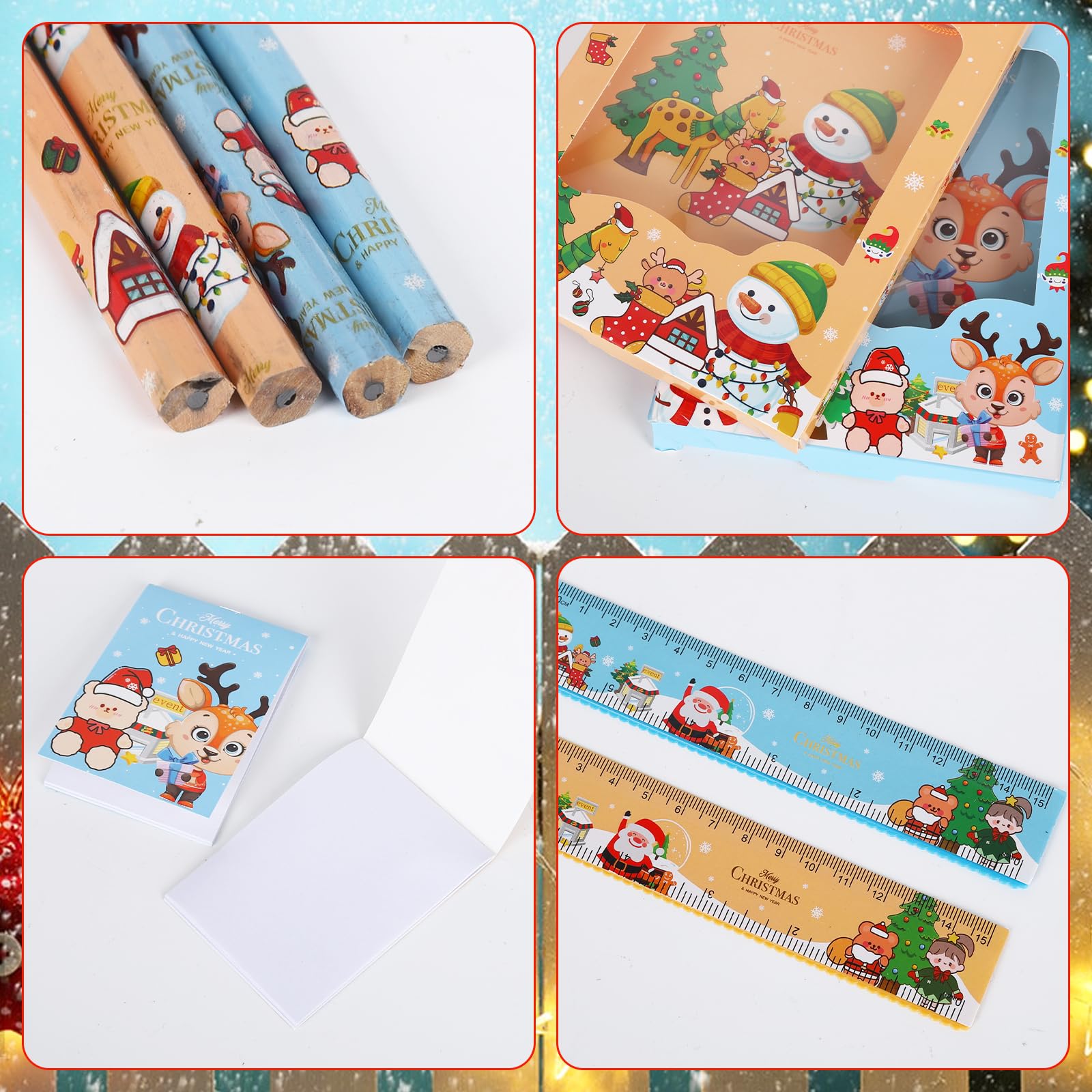 Set Di Cancelleria Natalizia Per Bambini - 4 Matite, 2 Blocchi, 2 Righelli, Gomme E Temperini | Regalo Scuola E Feste