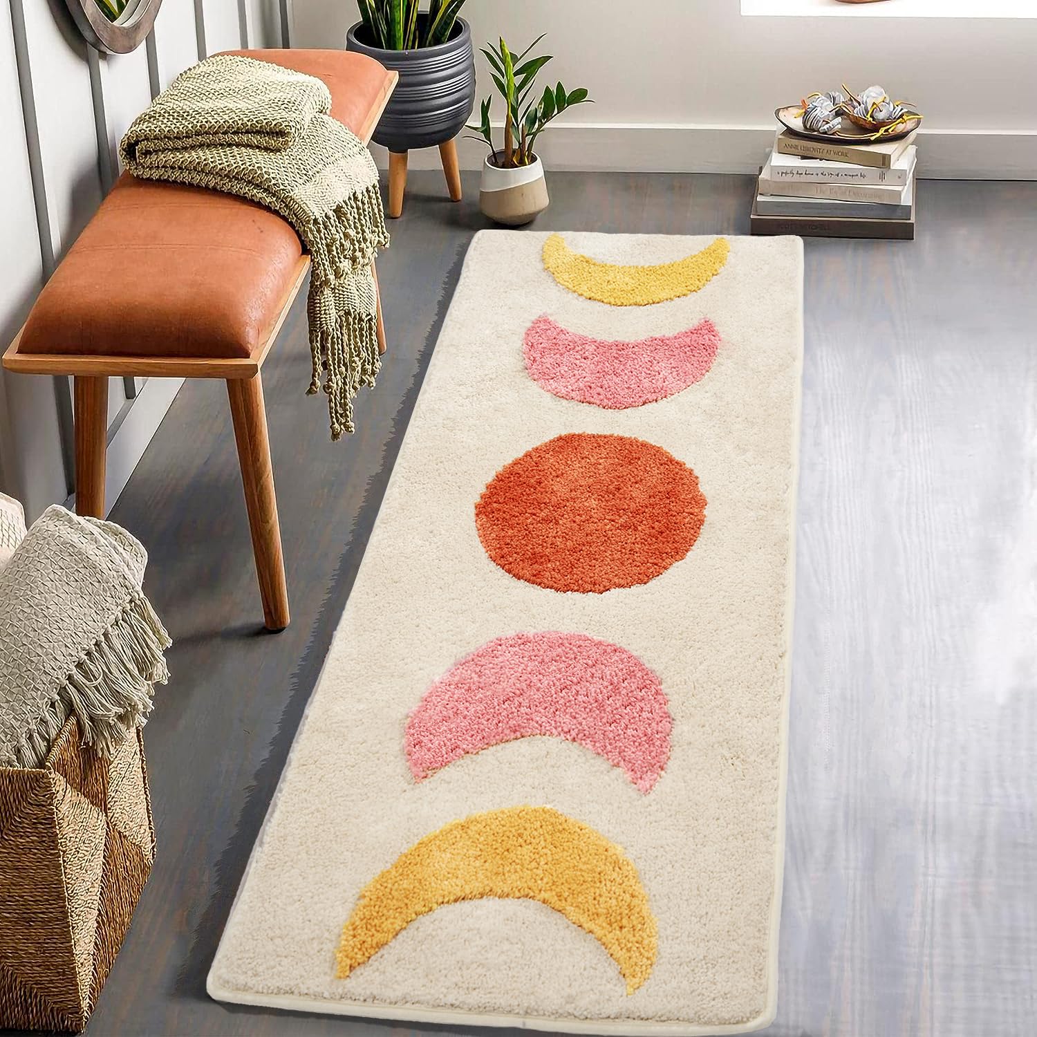 DyeFury Boho Moon Bathroom Runner Rugs - Gradient Moon Phases Bath Mat,Non Slip Half Moon Witch Rugs,Bohemian Witchy Hippie Bathroom Decor, Long