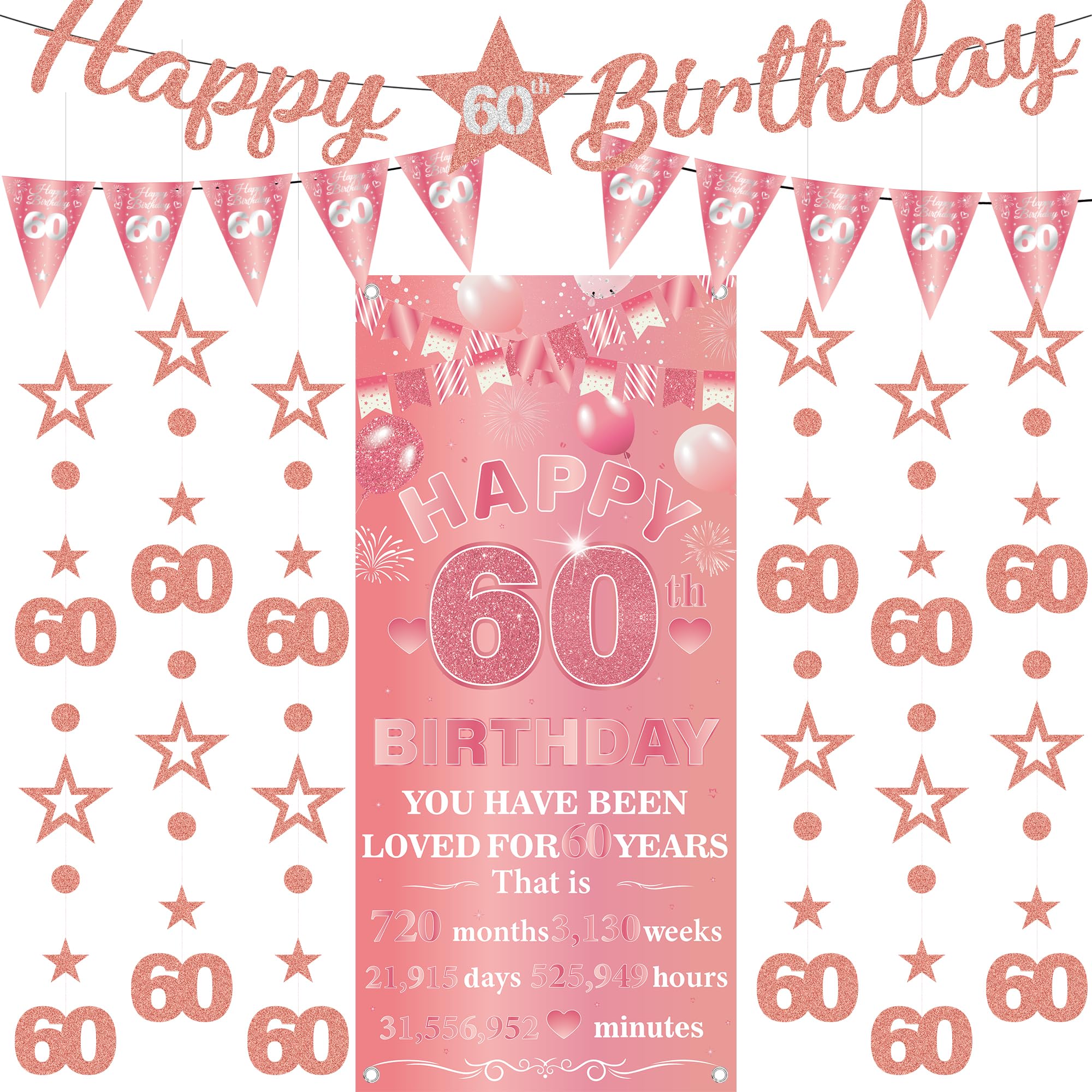 60th Birthday Decorations Banner Women - 9 Pcs Rose Gold Bannes Backdrop Number Star Dot Glitter Hanging Garlands Kit for Women Happy 60 Years Old Birthday Party Decor Supplies