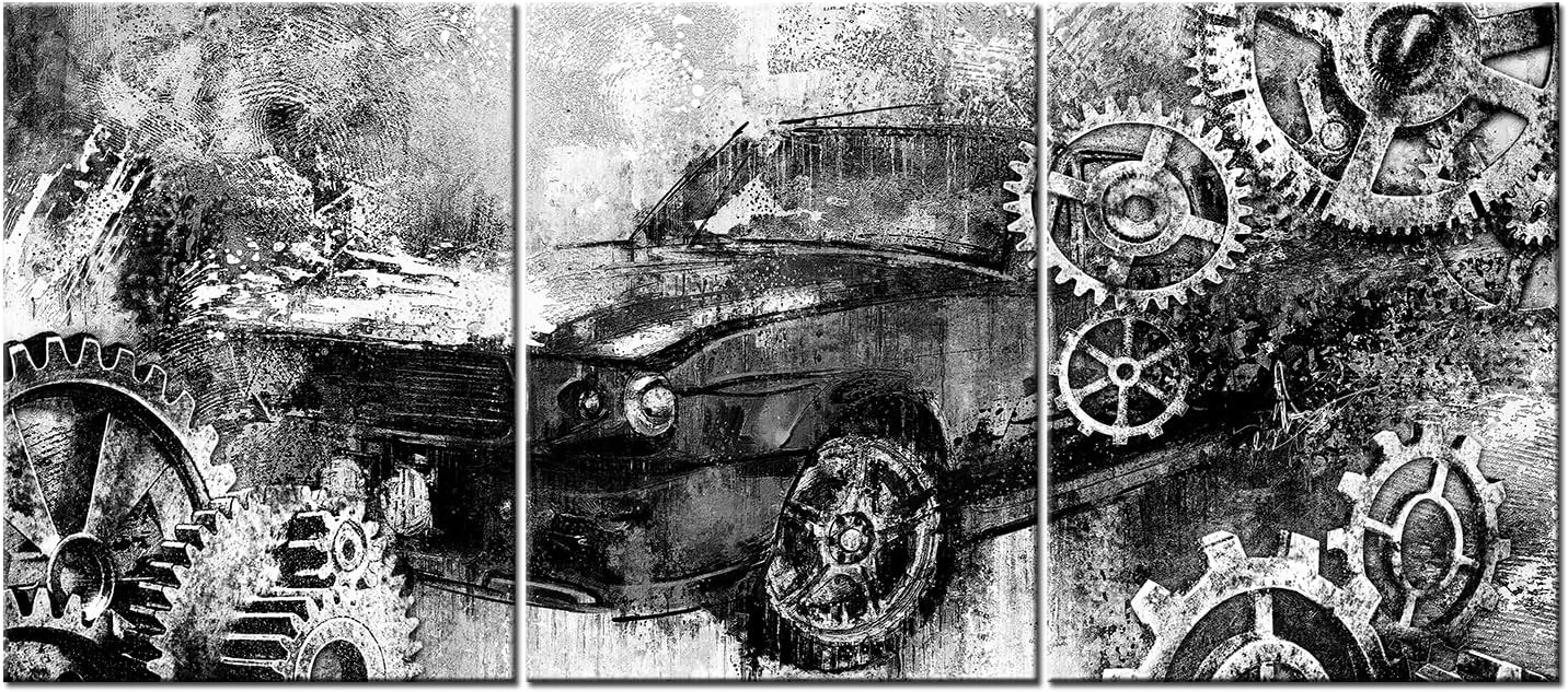 LevvArts 3 Piece Rustic Car Canvas Wall Art Old Car with Mechanical Gear Painting Poster Prints Cool Artwork for Man Cave Boys Bedroom Home Office Decoration (Blue, Small)