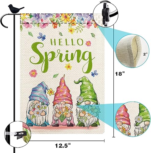 Miniatura 4 de Juego de 4 banderas de jardín de temporada, diseño de Hello Spring, verano, otoño, invierno, tres gnomos, arpillera, banderas de patio con impresión